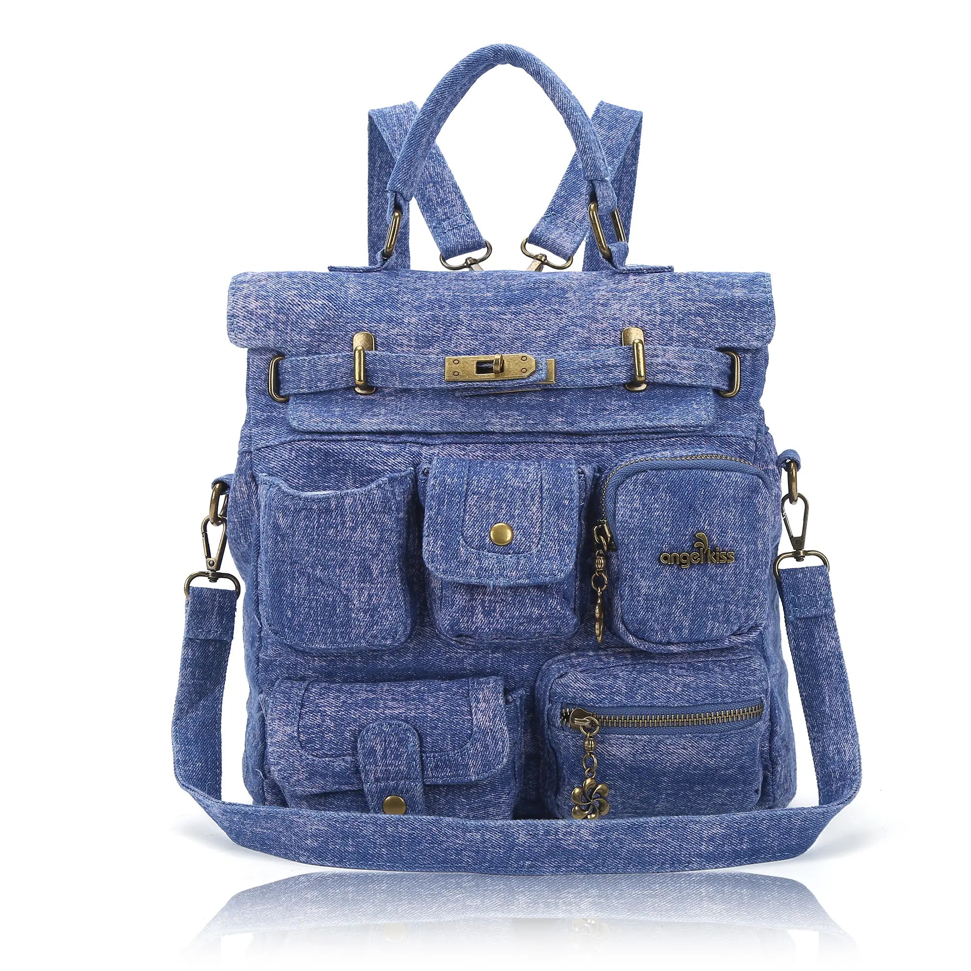 Multi-Pocket Denim Convertible Backpack Purse