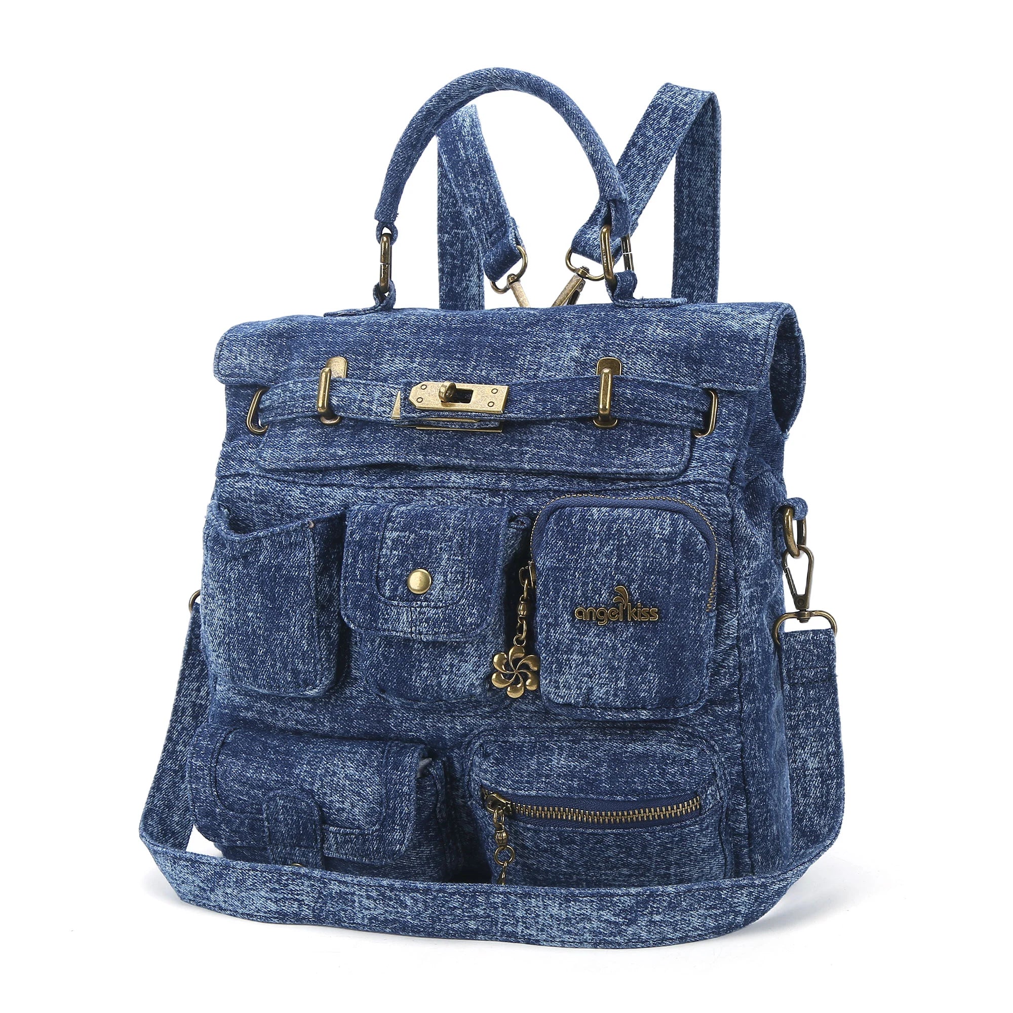 Multi-Pocket Denim Convertible Backpack Purse
