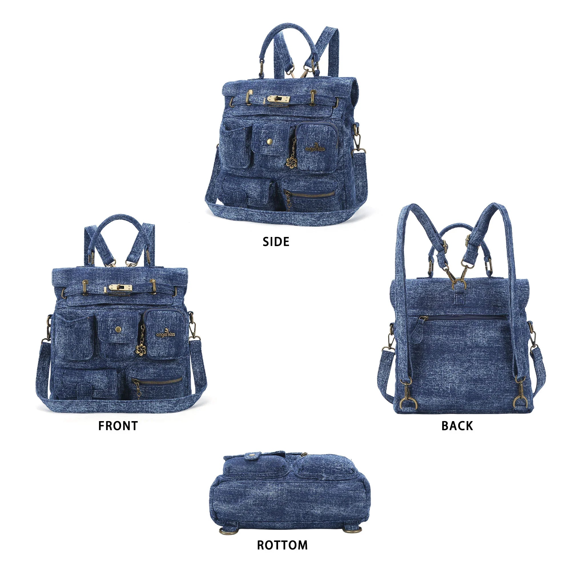 Multi-Pocket Denim Convertible Backpack Purse