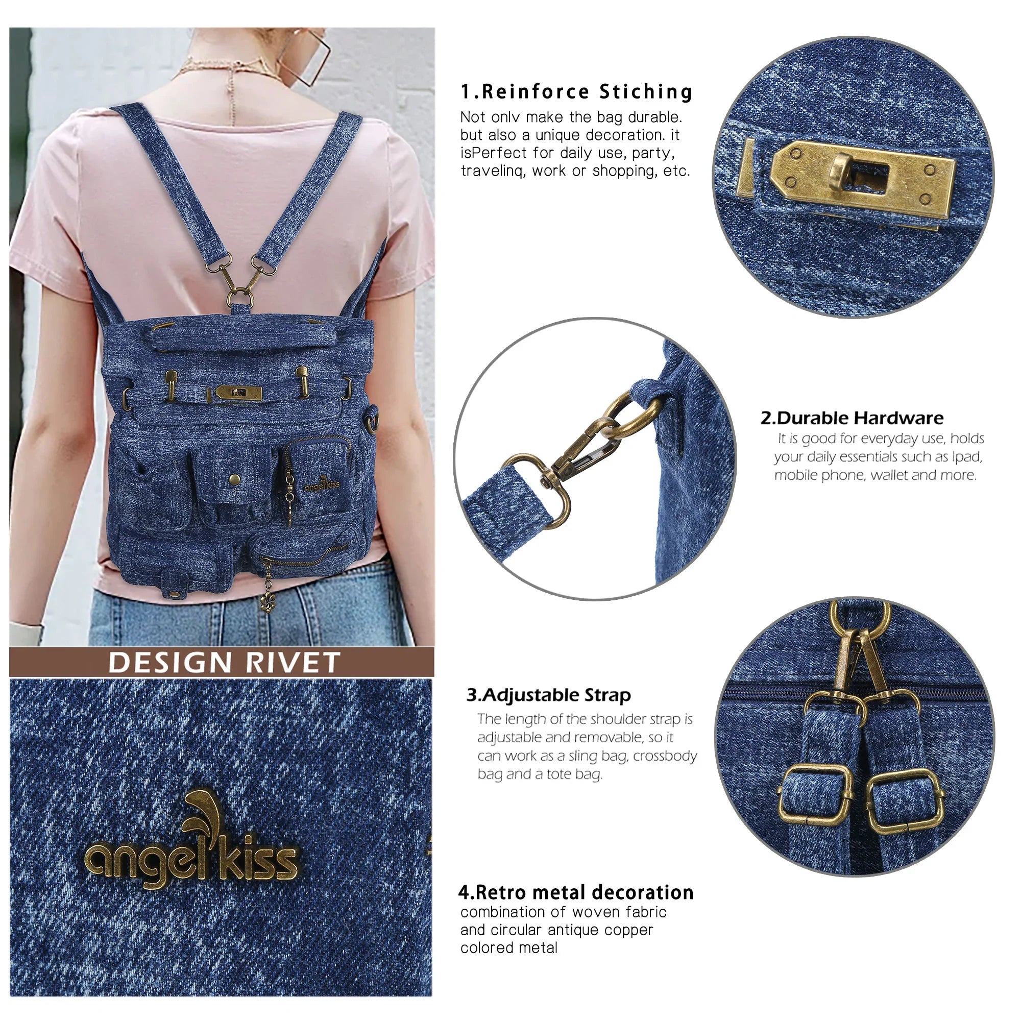 Multi-Pocket Denim Convertible Backpack Purse
