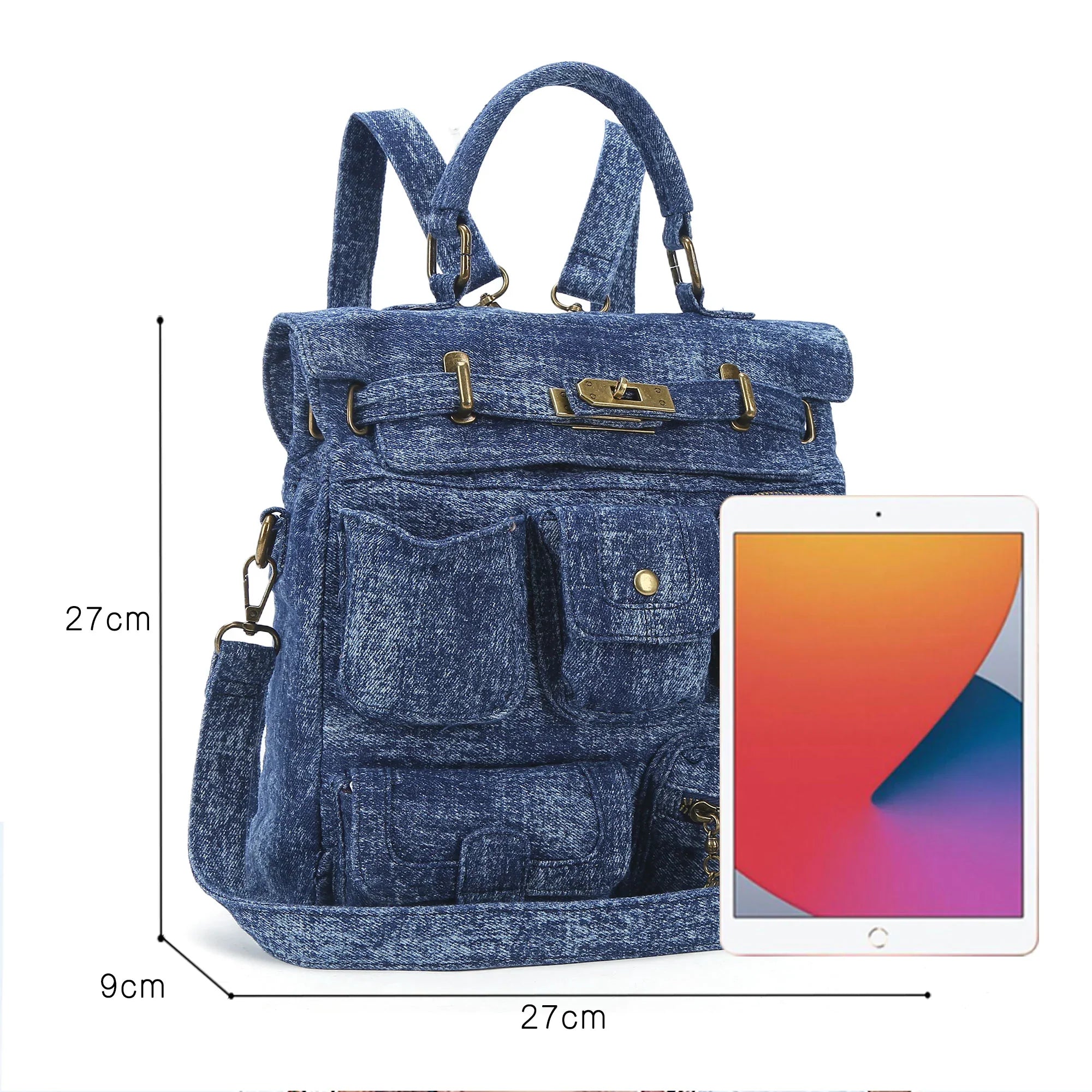 Multi-Pocket Denim Convertible Backpack Purse