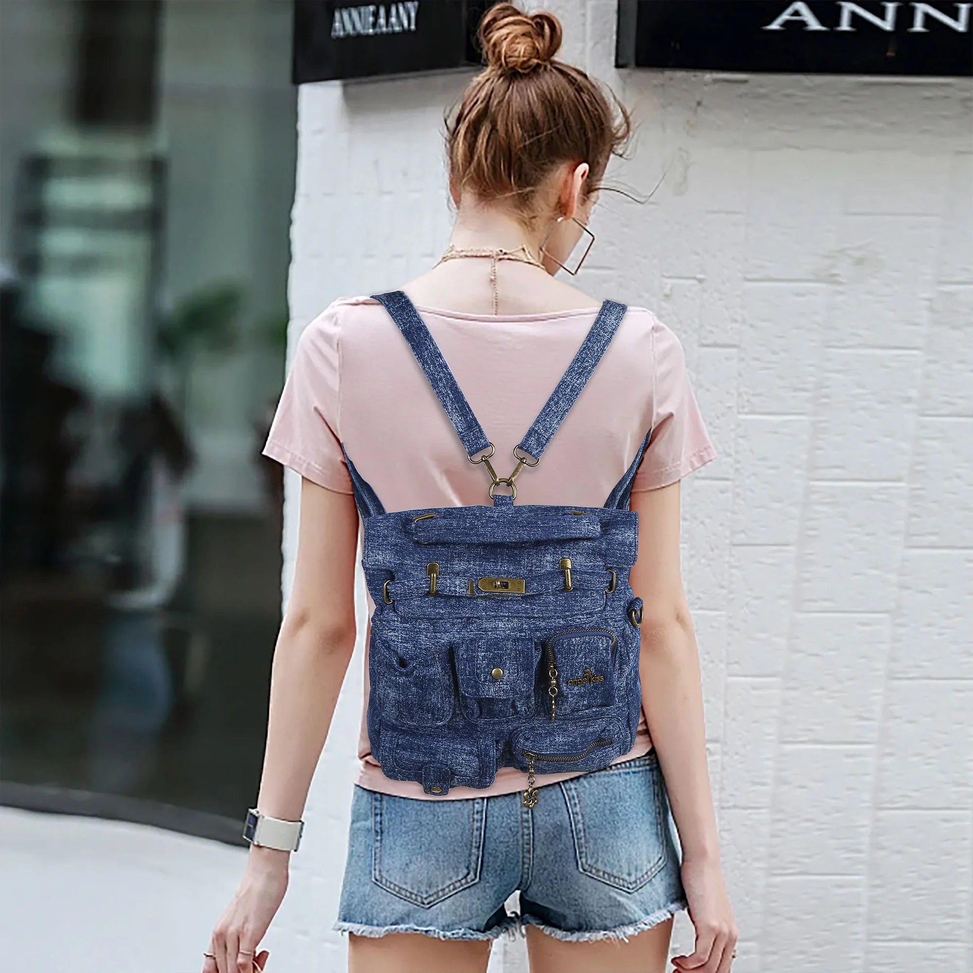 Multi-Pocket Denim Convertible Backpack Purse