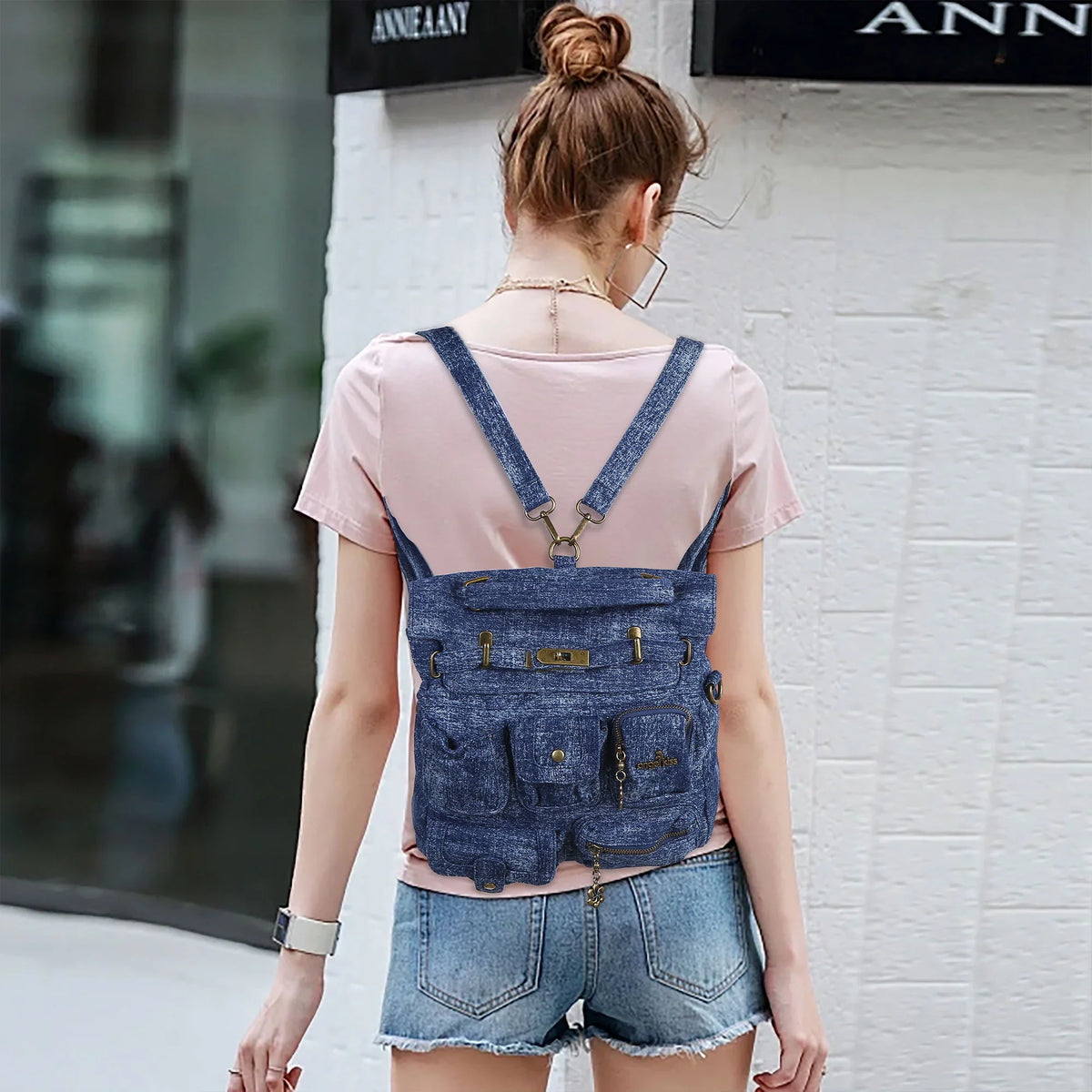 Vintage Denim Flap Backpack with Secure Zip