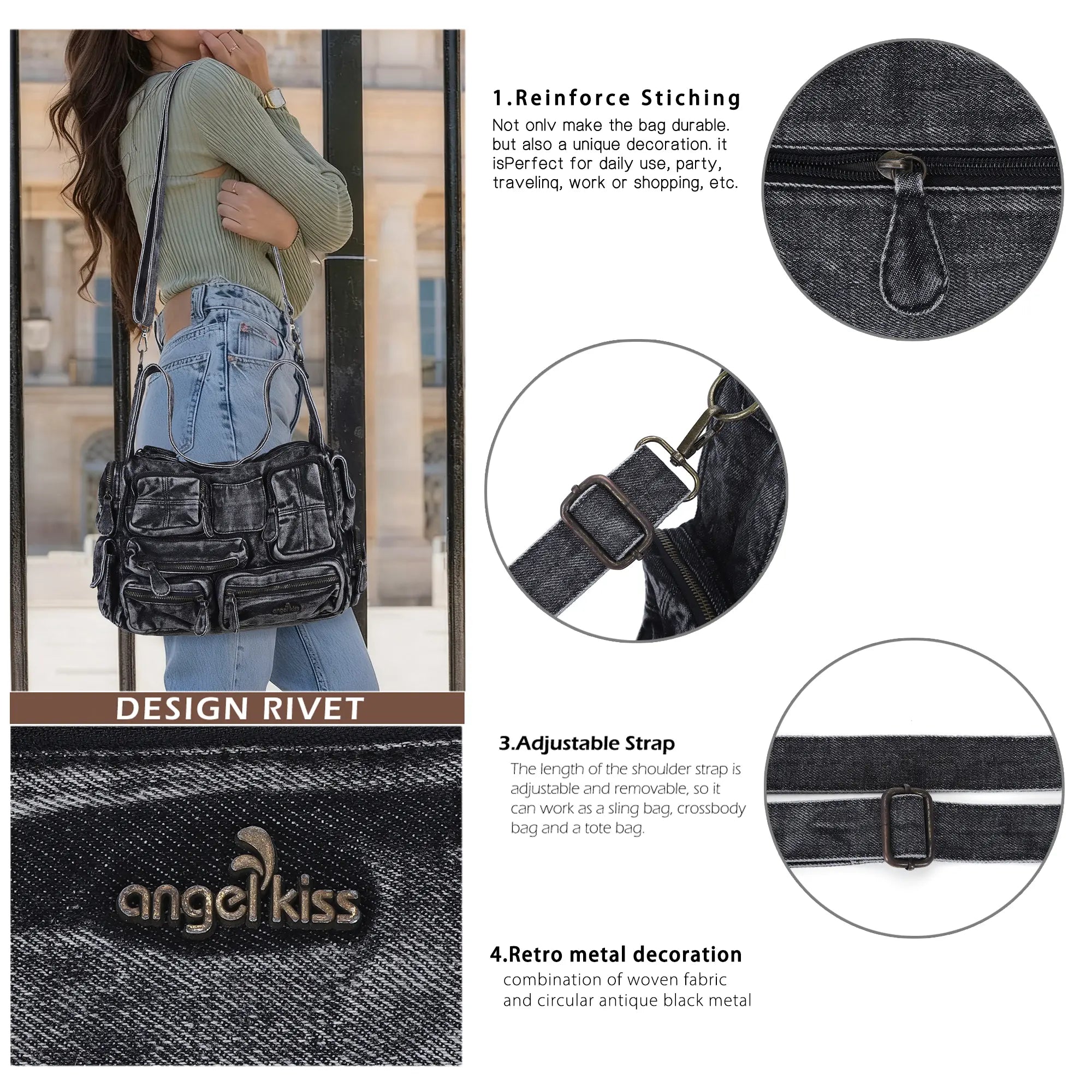 Cargo Denim Shoulder Bag for Women – Multi Pocket Crossbody Jean