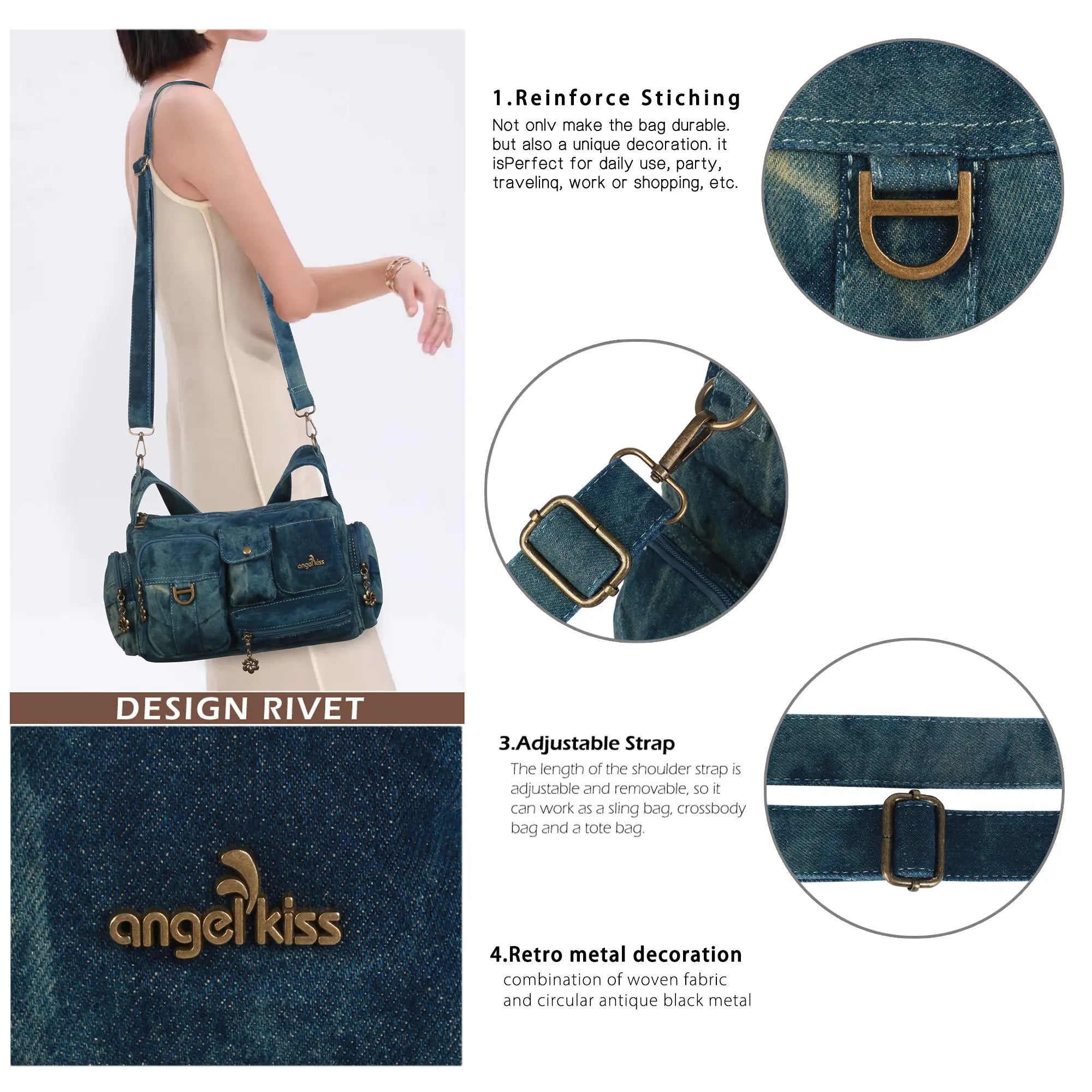 Y2K Multi-Pocket Cargo Satchel Bag for Shoulder or Crossbody Carry