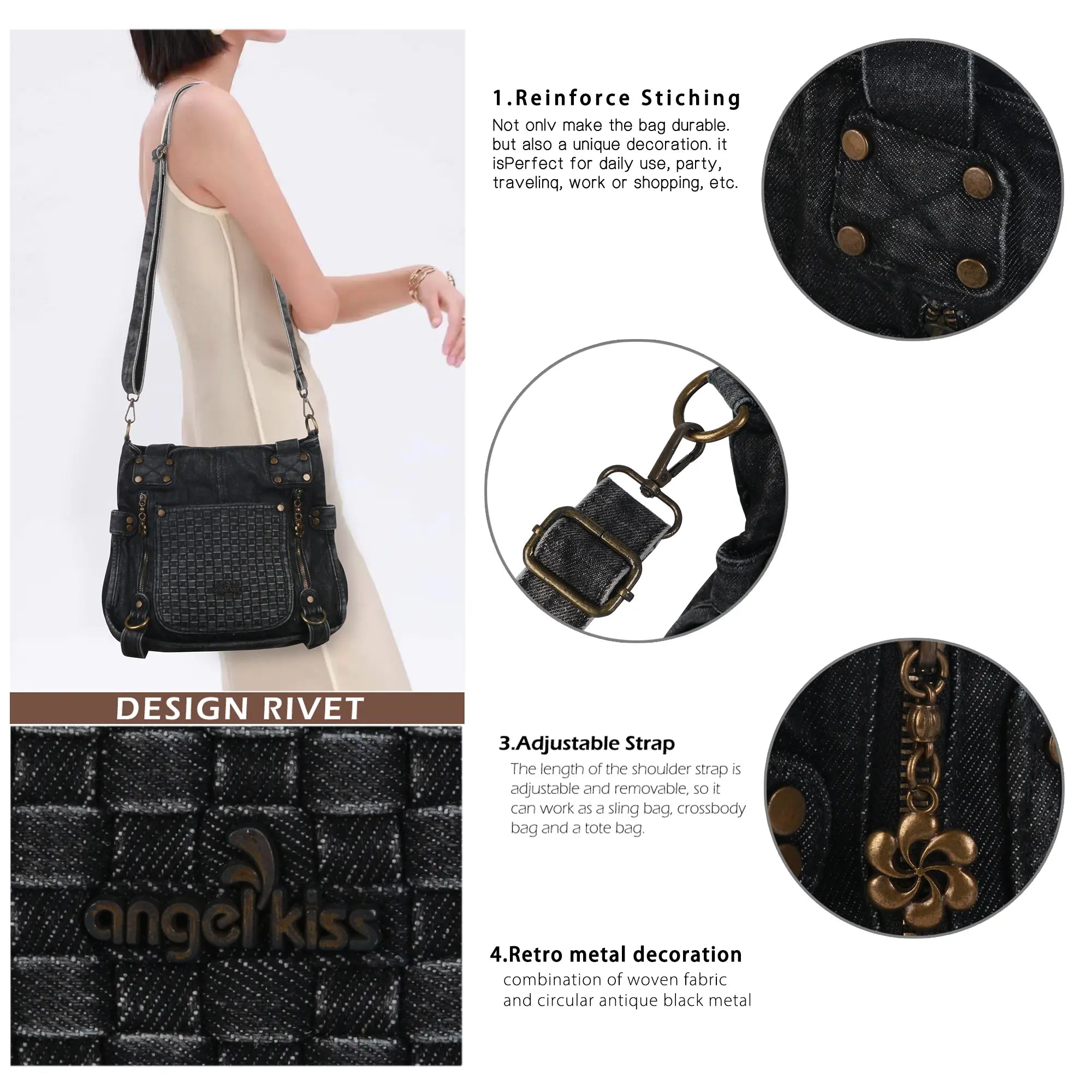 Western Denim Multi-Pocket Satchel Crossbody Bag
