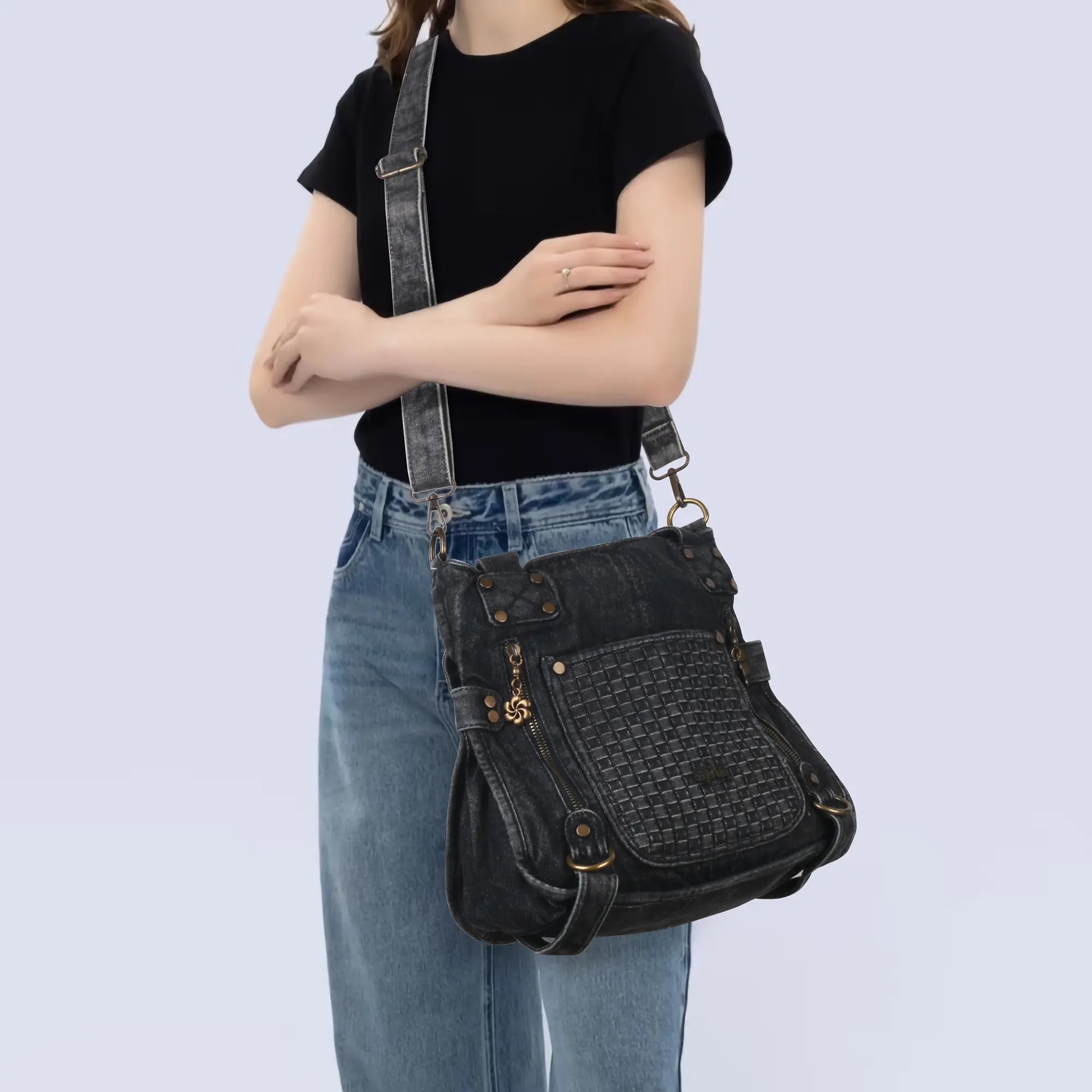 Western Denim Multi-Pocket Satchel Crossbody Bag