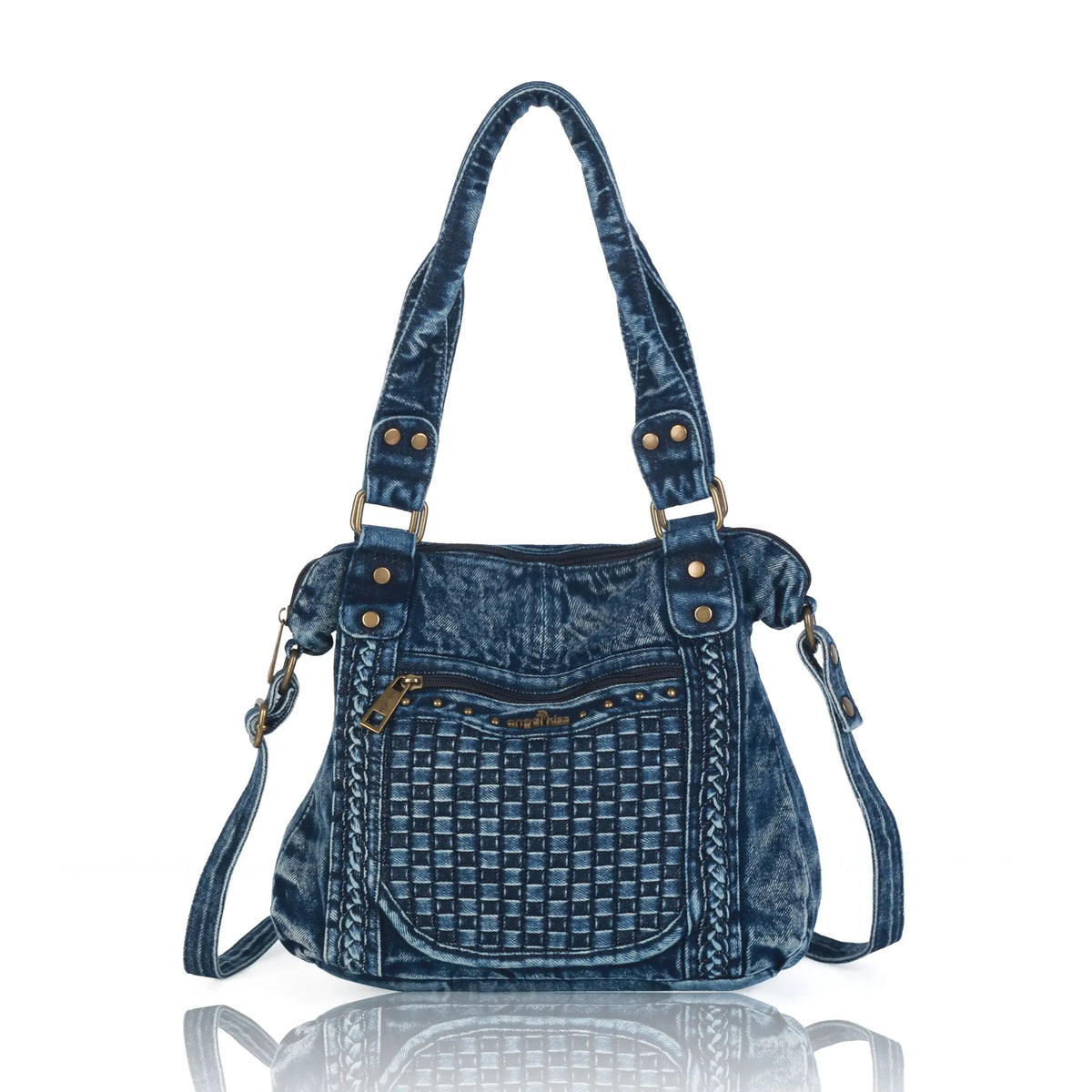 Large Handmade Multipocket Washed Denim Tote Plaid Bag