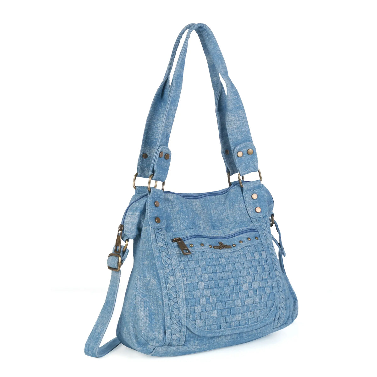 Large Handmade Multipocket Washed Denim Tote Plaid Bag