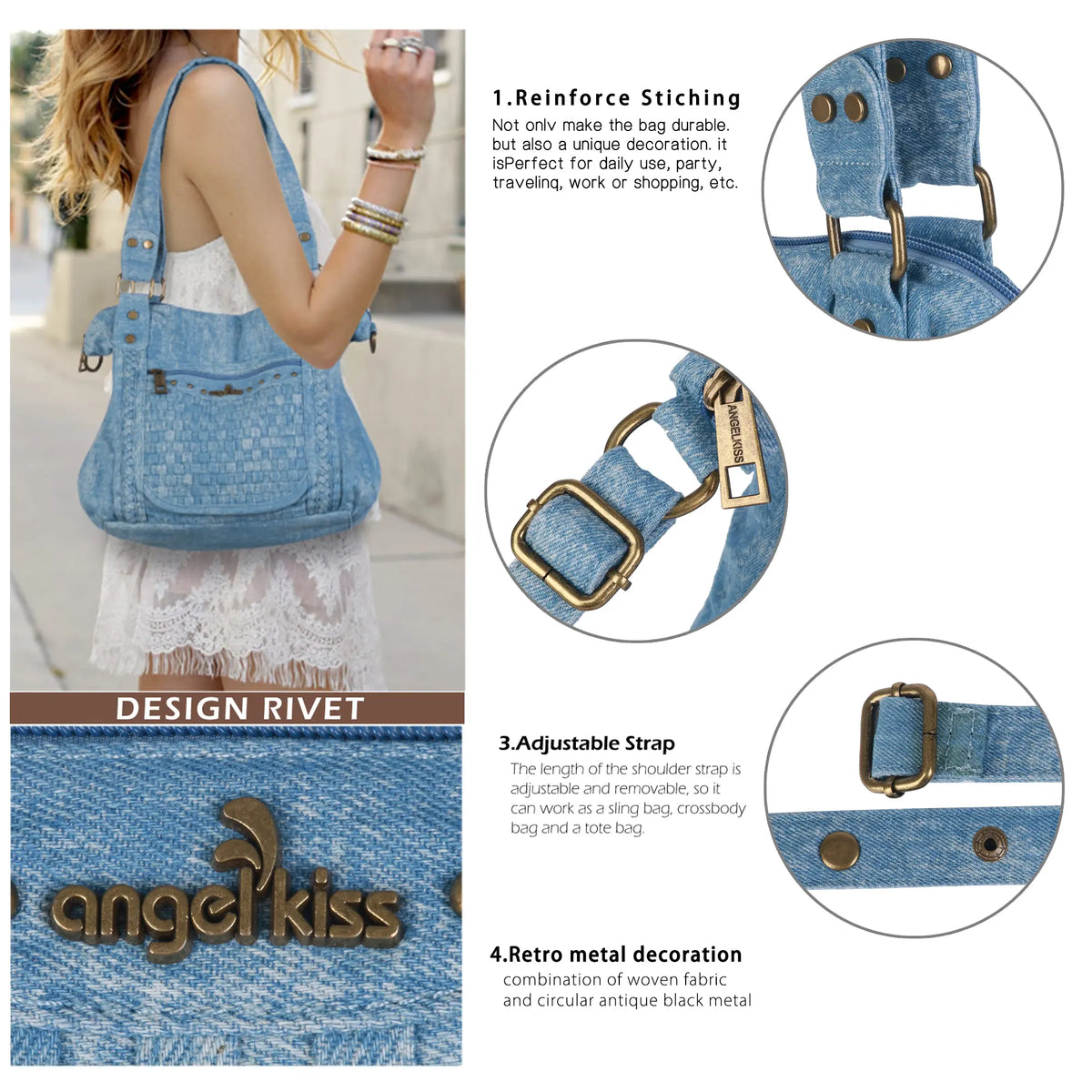 Large Handmade Multipocket Washed Denim Tote Plaid Bag