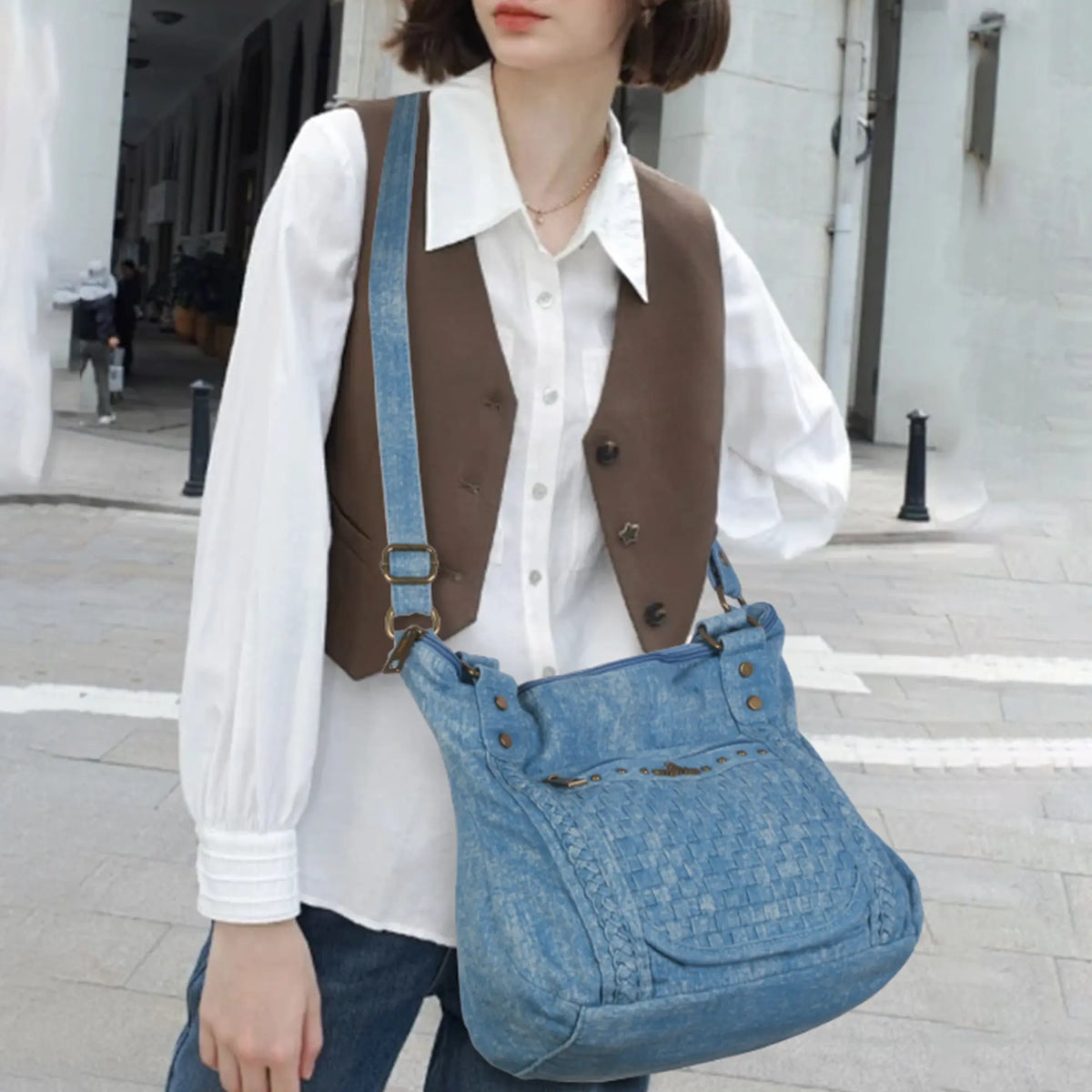 Large Handmade Multipocket Washed Denim Tote Plaid Bag