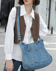 Large Handmade Multipocket Washed Denim Tote Plaid Bag