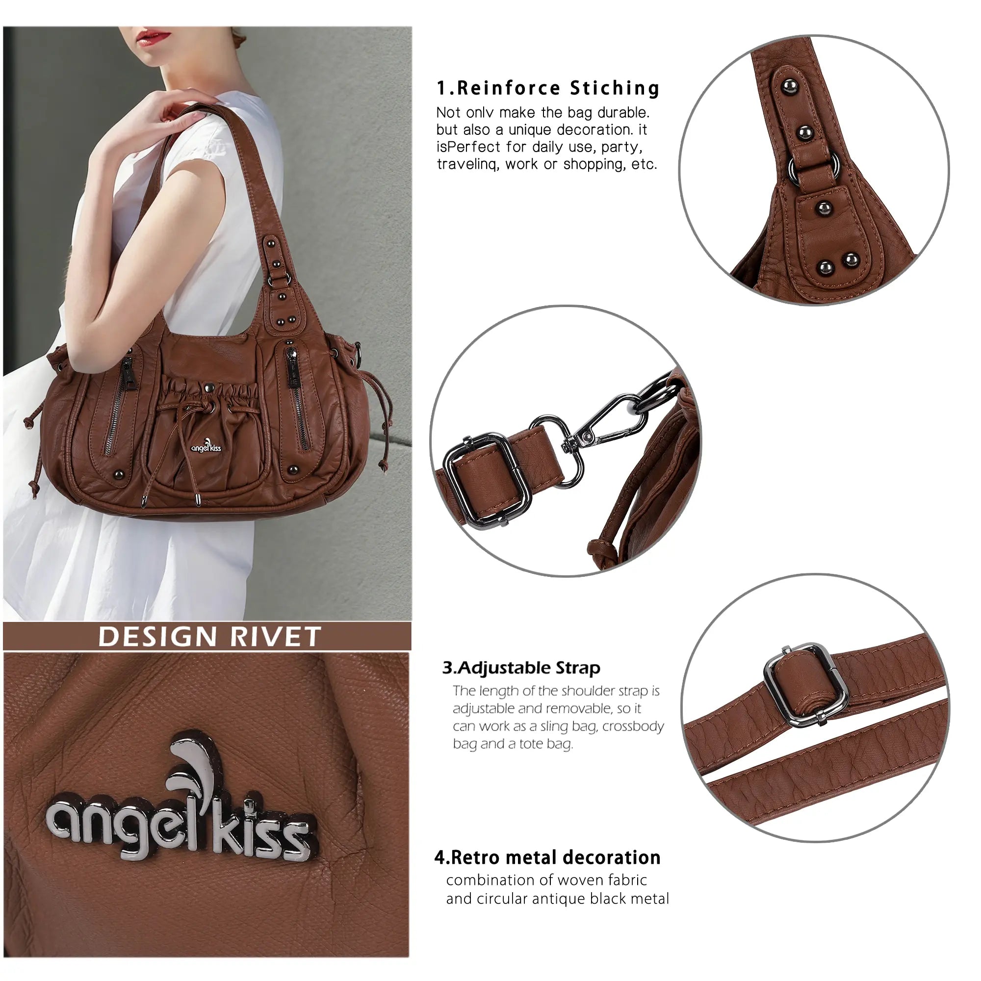 Slouchy Hobo Shoulder Bag for Women – Washed Faux Leather Crossbody Purse