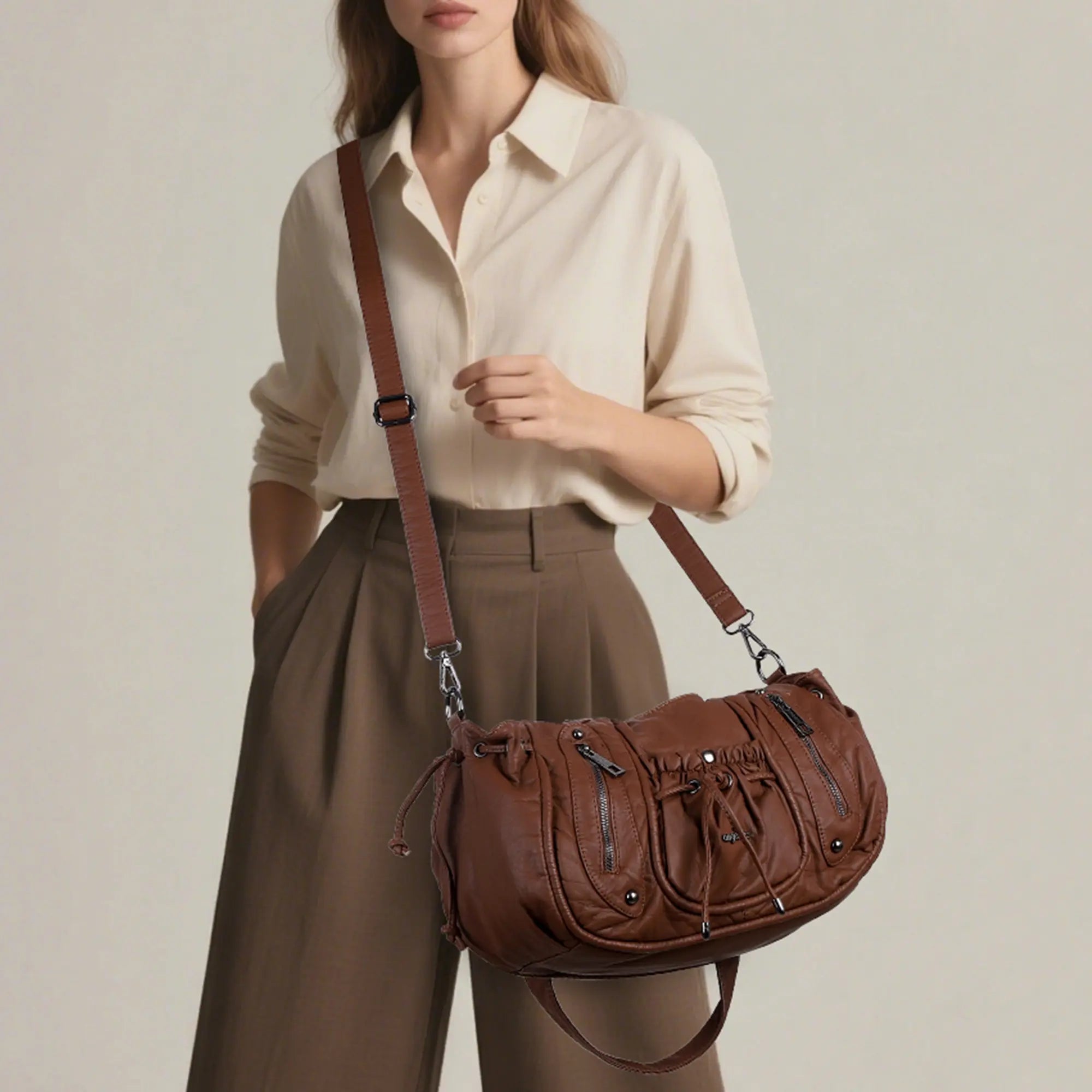 Slouchy Hobo Shoulder Bag for Women – Washed Faux Leather Crossbody Purse