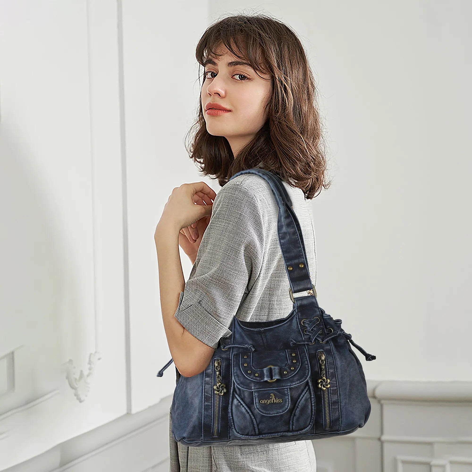 Lace-Up Multi-Pocket Hobo Shoulder Bag