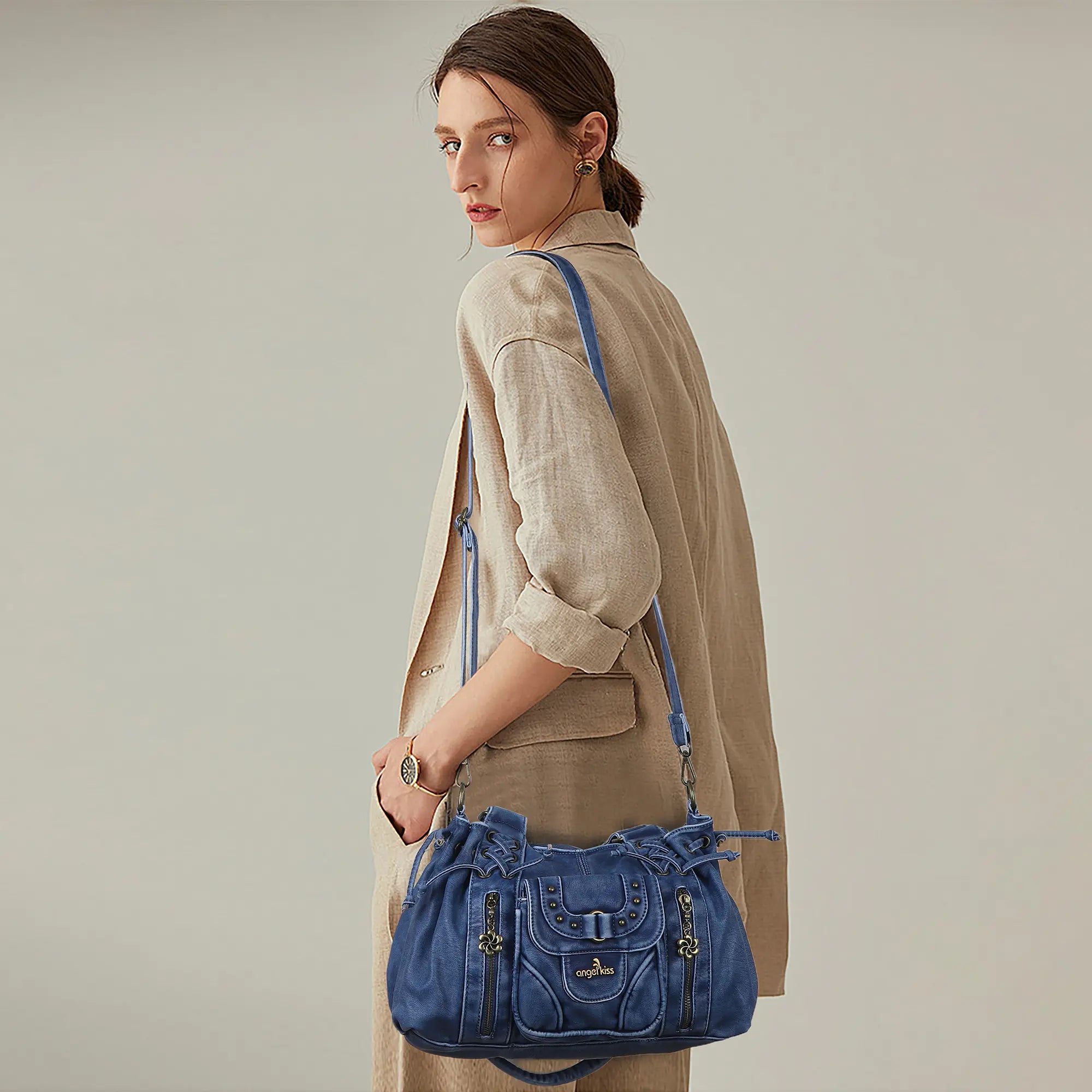Lace-Up Multi-Pocket Hobo Shoulder Bag
