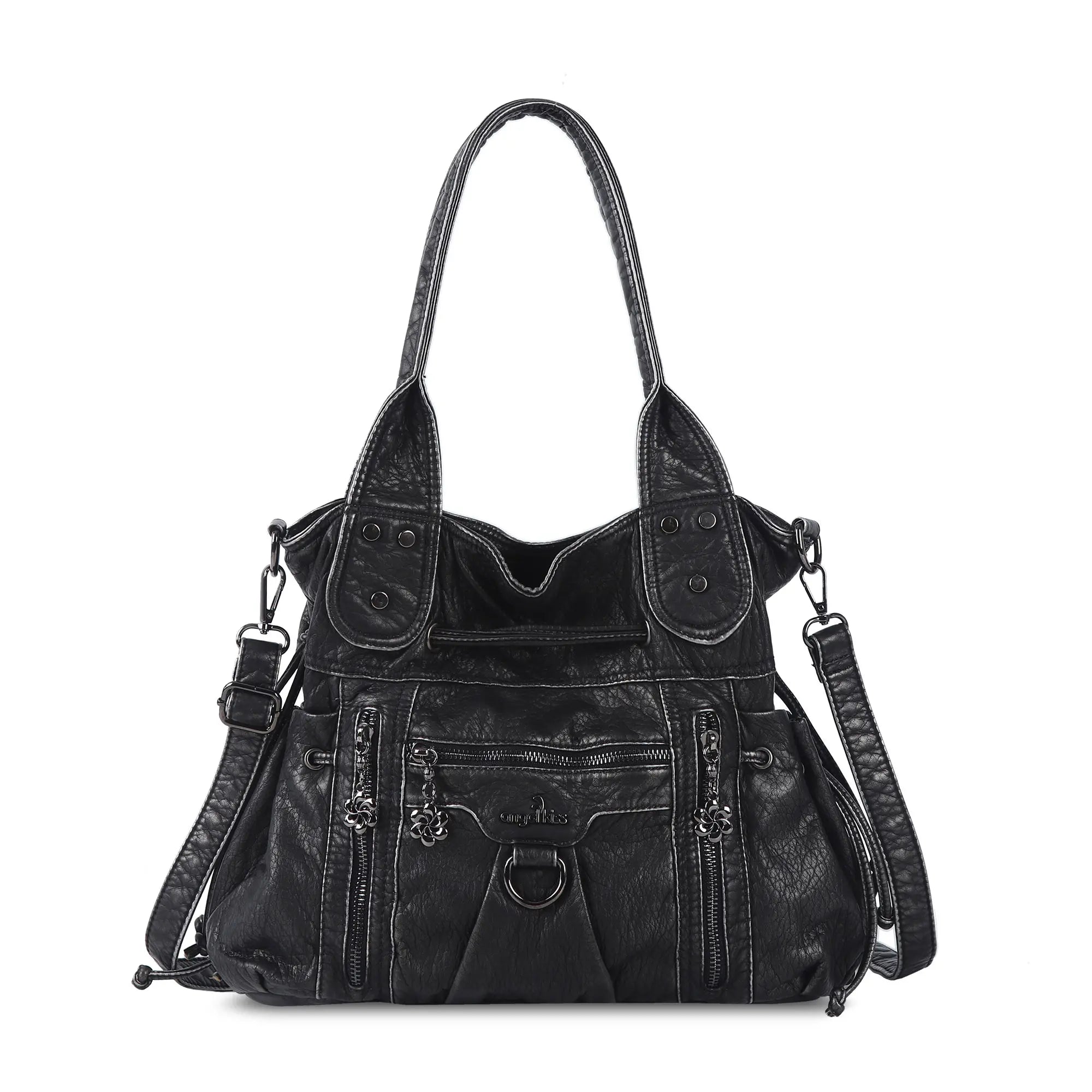 Women’s Vintage Utility Shoulder Bag with Layered Zip Pockets