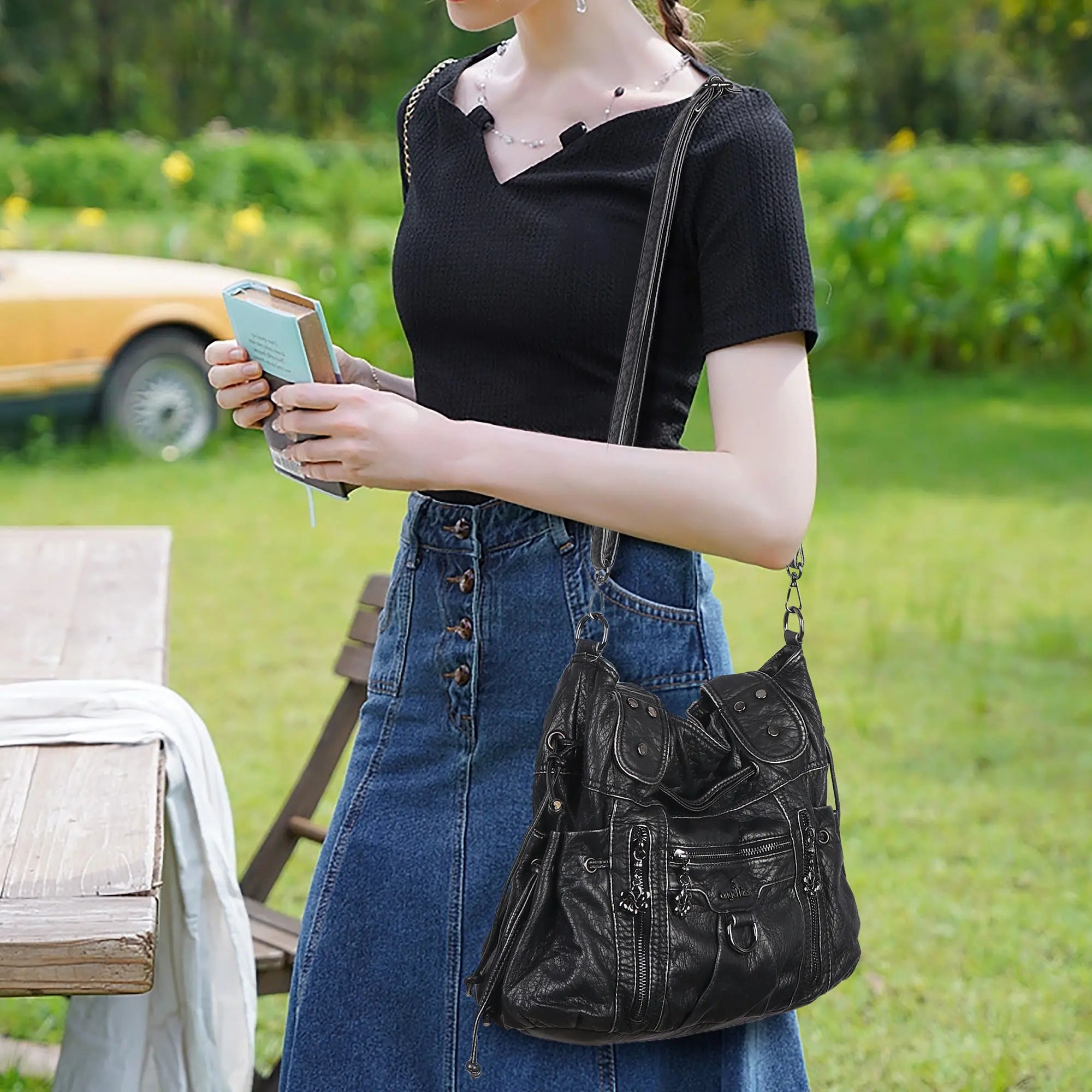 Women’s Vintage Utility Shoulder Bag with Layered Zip Pockets