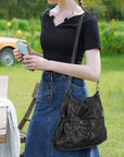 Women’s Vintage Utility Shoulder Bag with Layered Zip Pockets