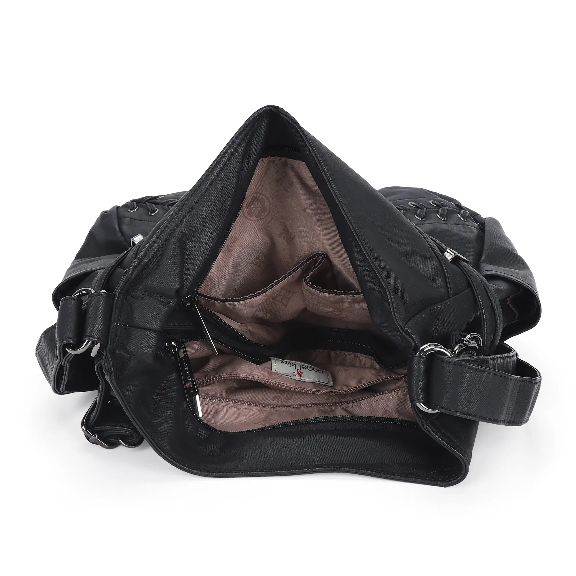 Lace Up Multi Pocket Handbag – Moto Chic Studded Crossbody Bag