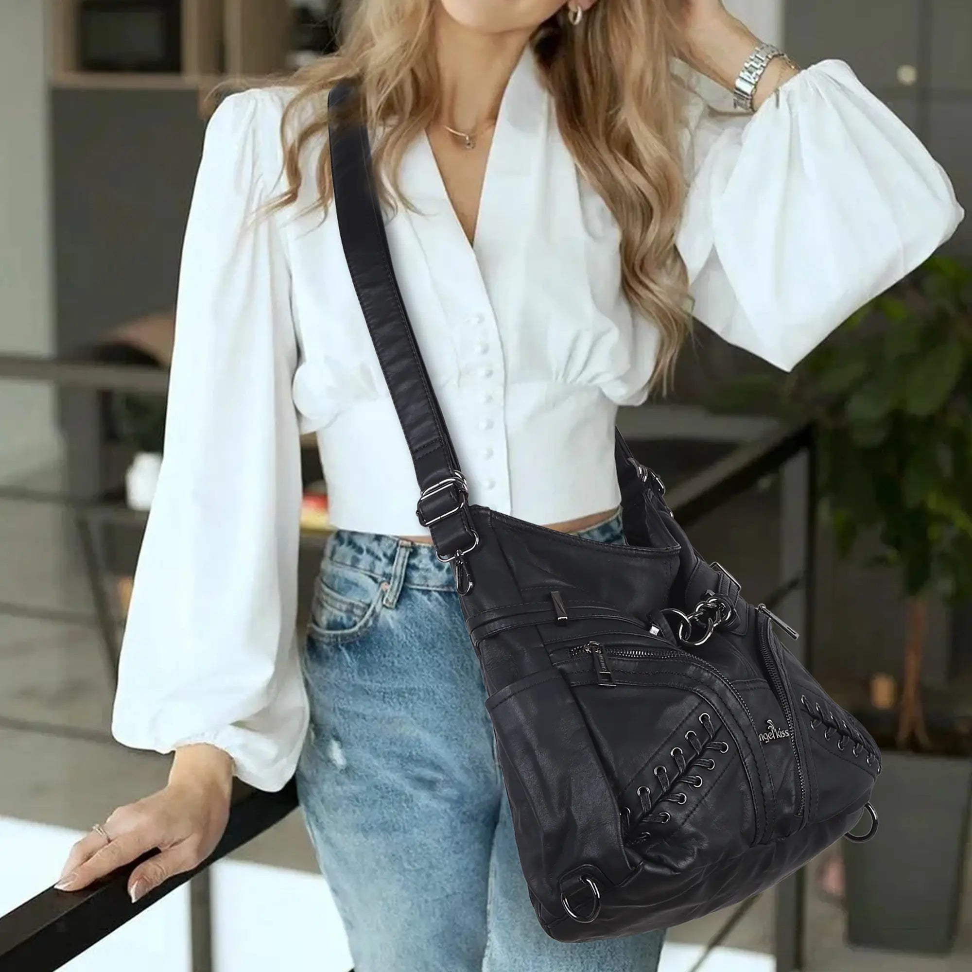 Lace Up Multi Pocket Handbag – Moto Chic Studded Crossbody Bag