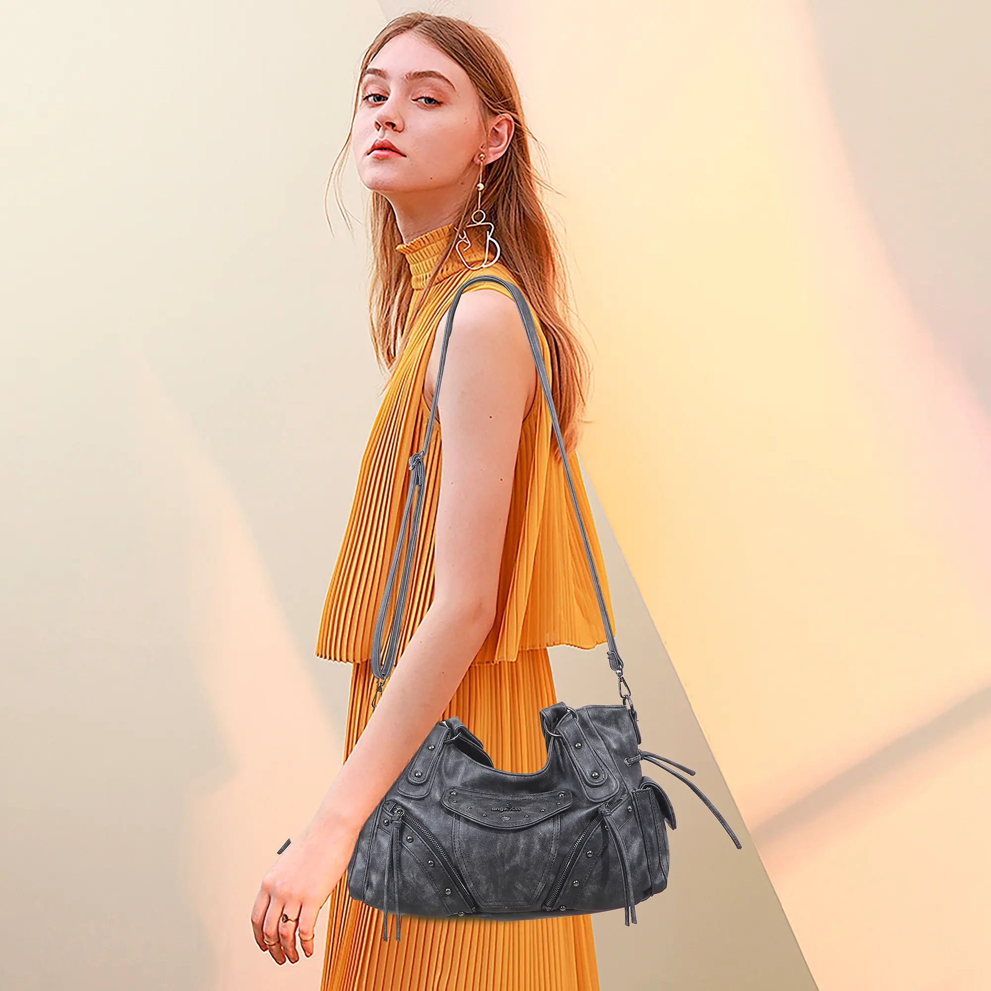 Studded Slouchy Hobo Shoulder Bag with Side-Tie Details