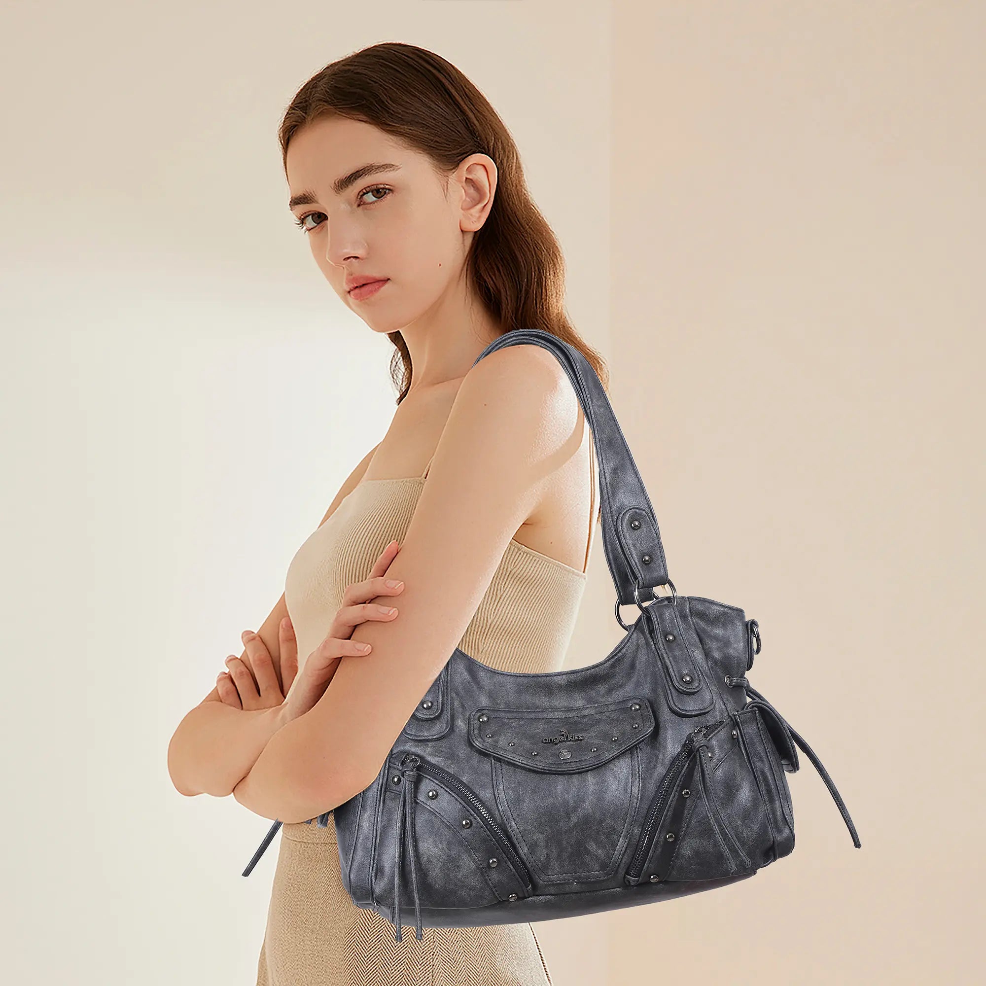 Studded Slouchy Hobo Shoulder Bag with Side-Tie Details