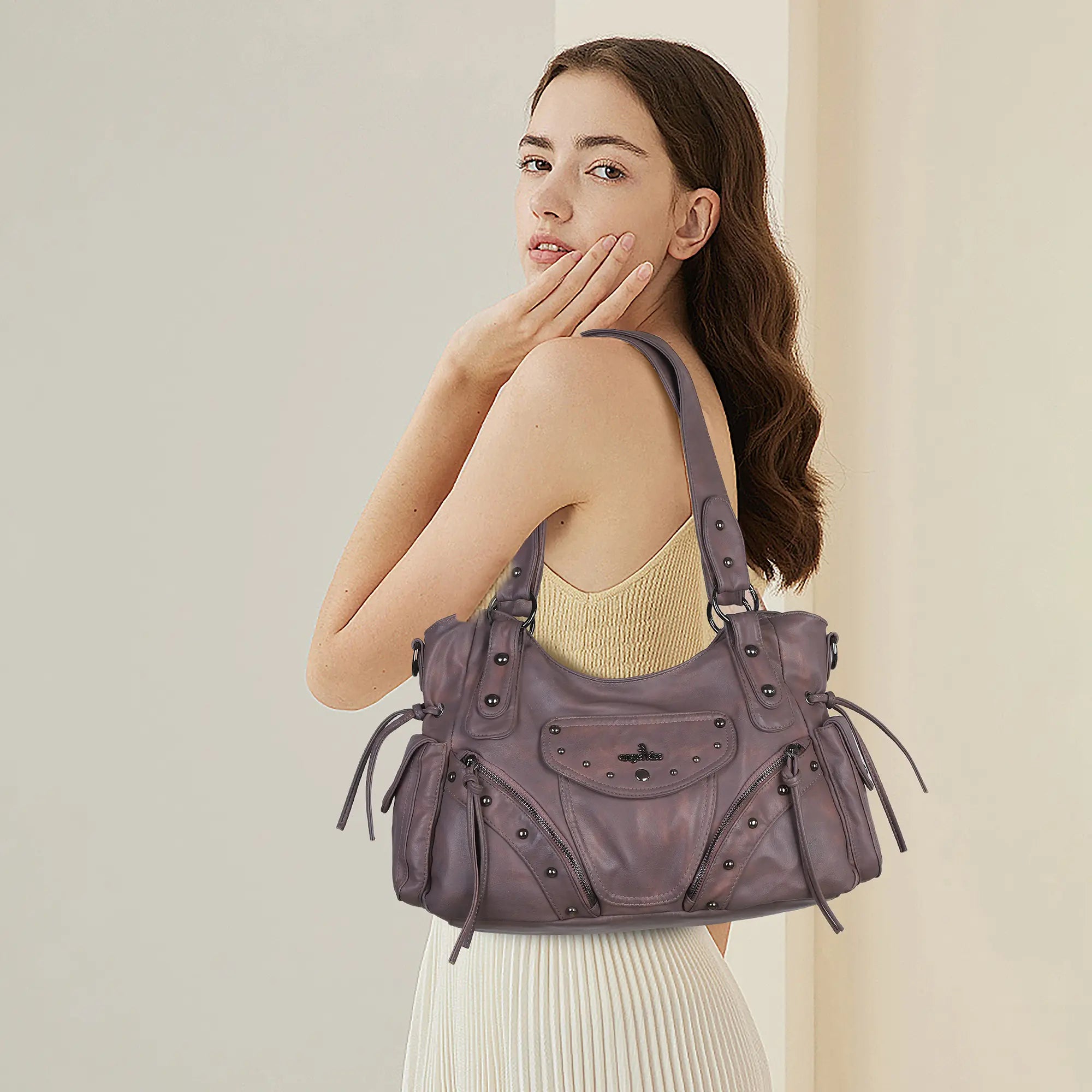 Studded Slouchy Hobo Shoulder Bag with Side-Tie Details