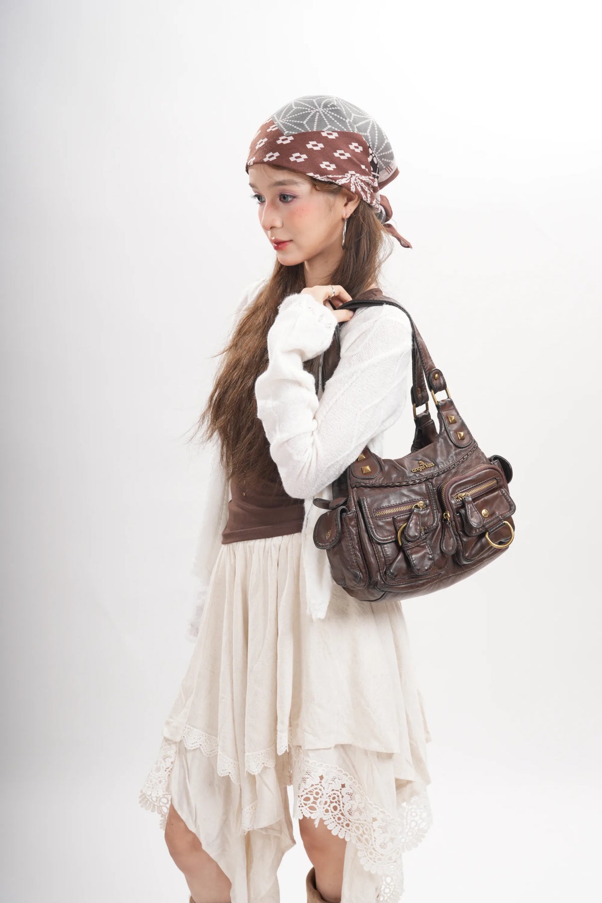 Washed PU Hobo Purse with Dual Front Pockets & Adjustable Strap