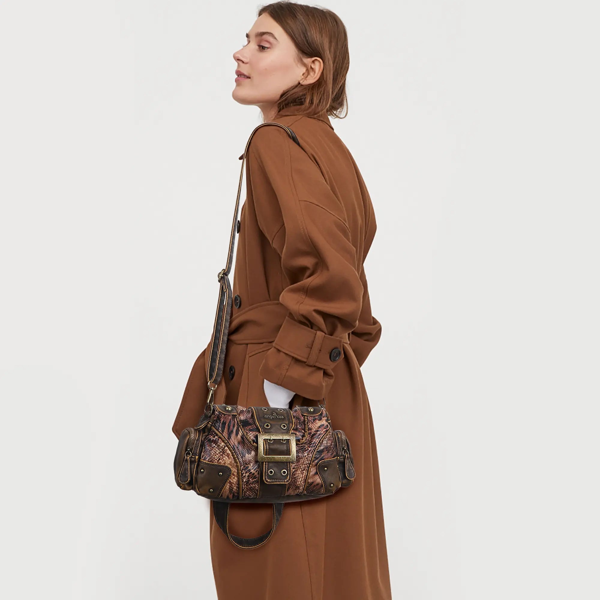 Y2K Leopard Patchwork Crossbody Bag – Front Buckle Retro Shoulder Handbag