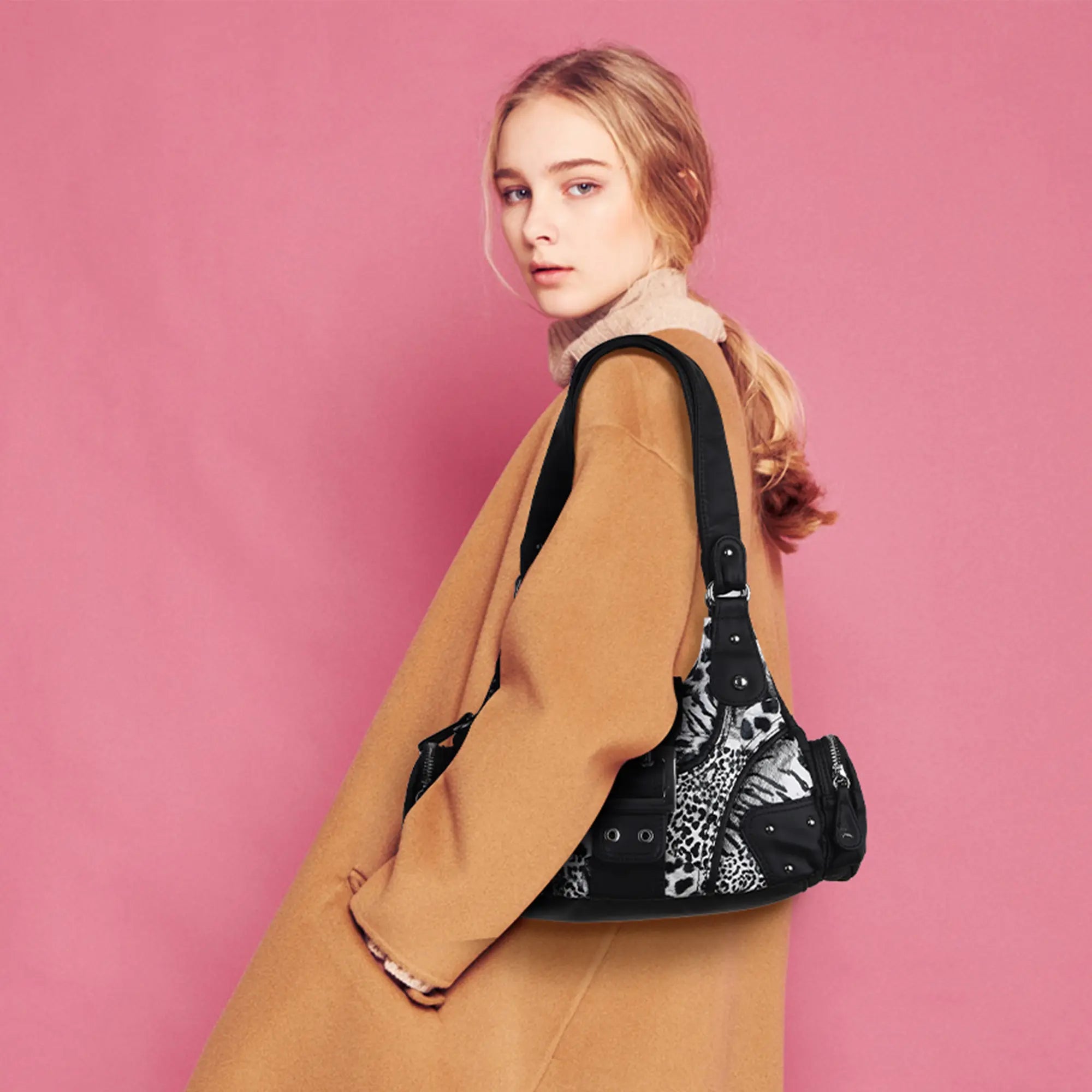 Y2K Leopard Patchwork Crossbody Bag – Front Buckle Retro Shoulder Handbag