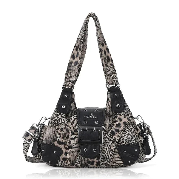 Y2K Leopard Moto Shoulder Bag, Buckle Detail &amp; Convertible Carry