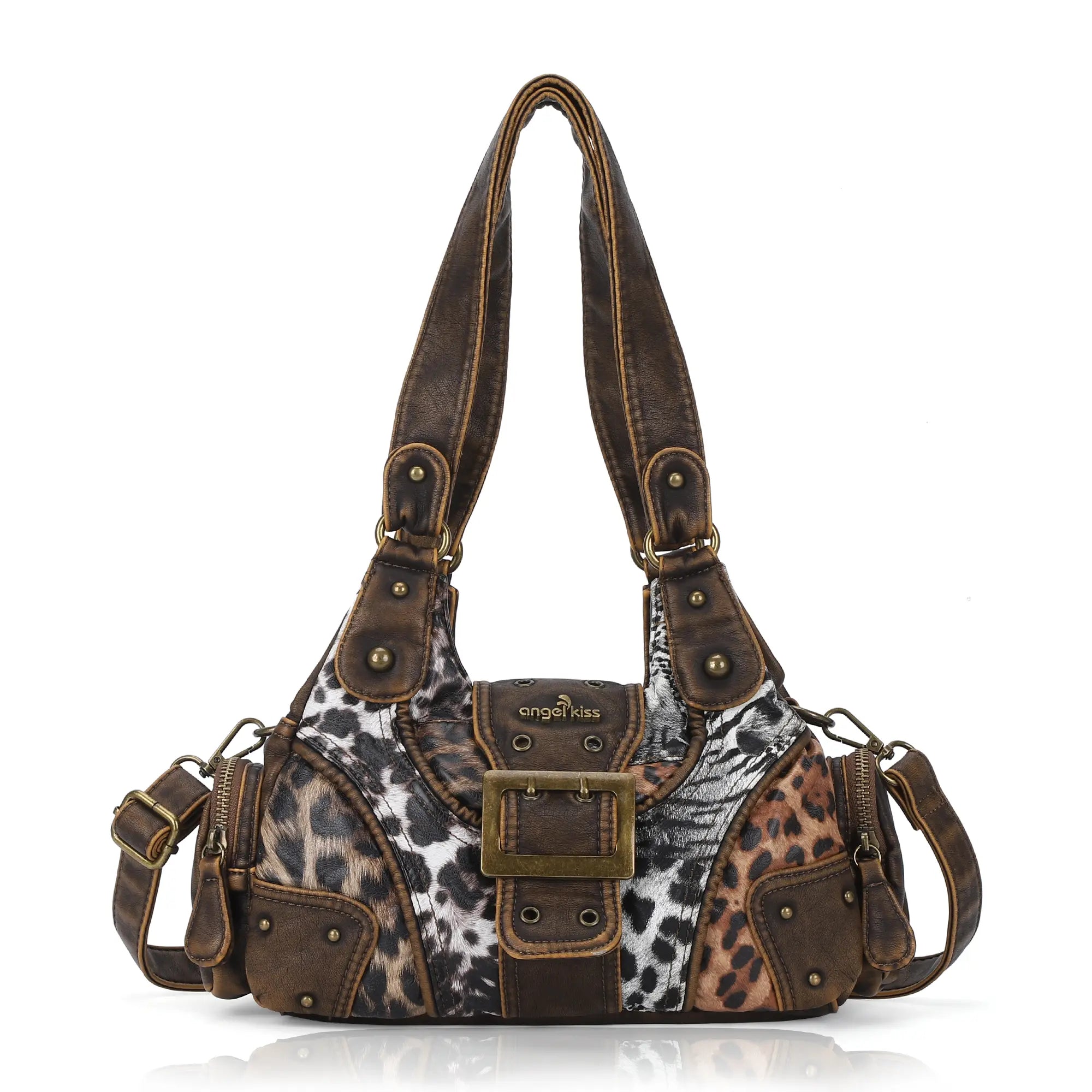 Y2K Leopard Patchwork Crossbody Bag – Front Buckle Retro Shoulder Handbag