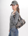 Y2K Leopard Moto Shoulder Bag, Buckle Detail & Convertible Carry