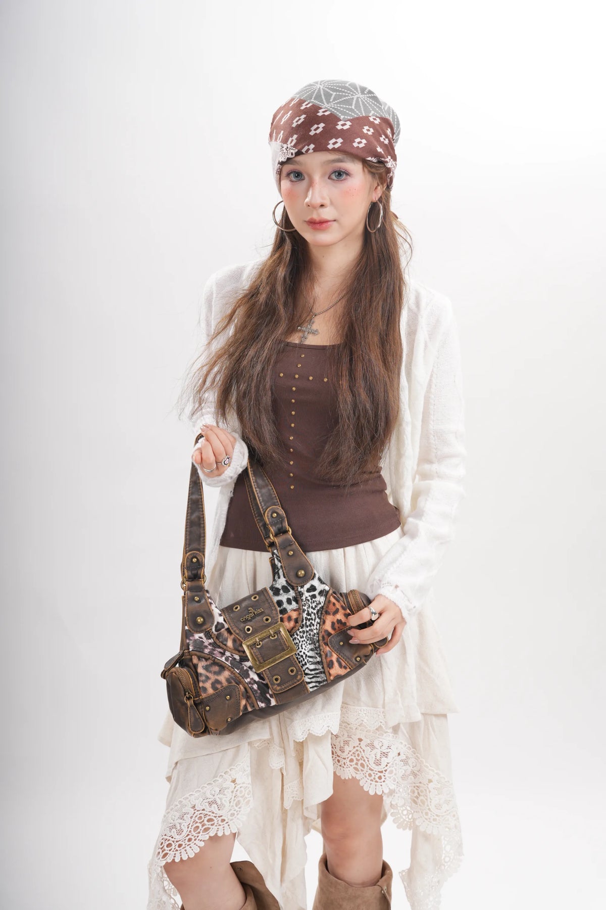 Y2K Leopard Moto Shoulder Bag, Buckle Detail &amp; Convertible Carry