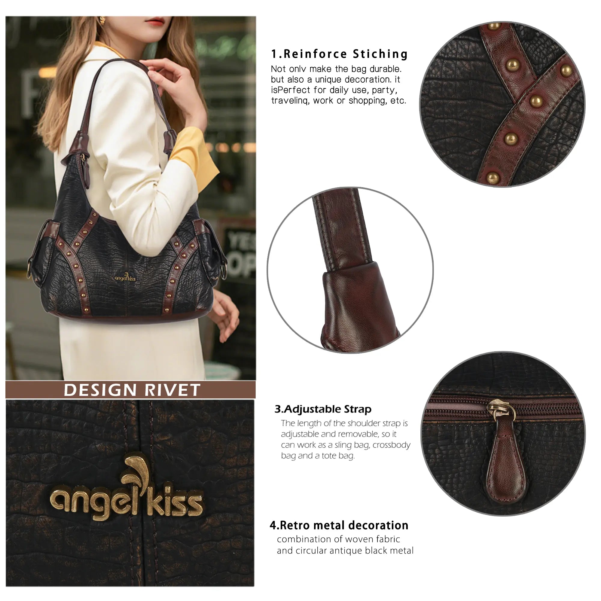 Vintage Studded Hobo Bag – Washed PU Leather Shoulder Purse