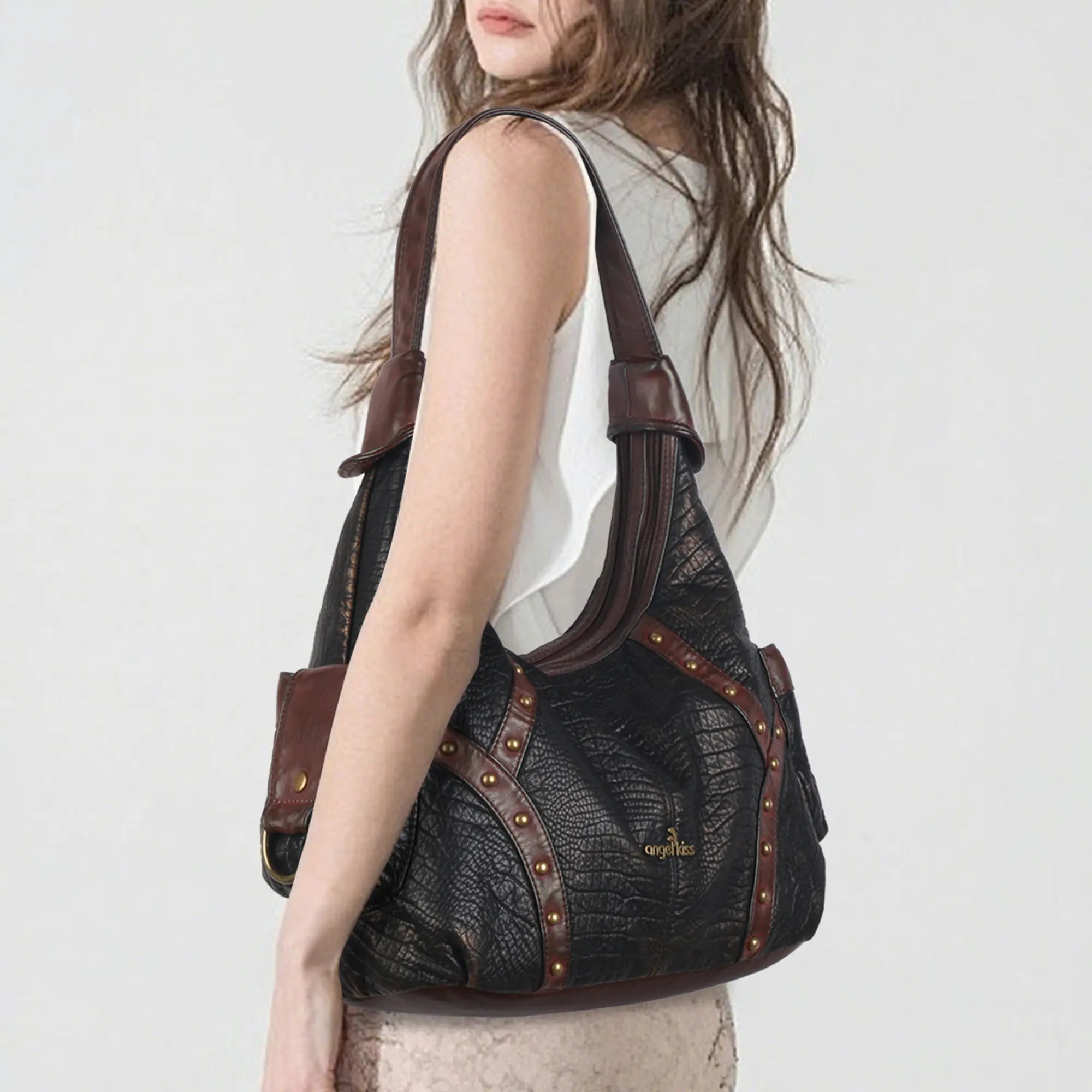 Vintage Studded Hobo Bag – Washed PU Leather Shoulder Purse