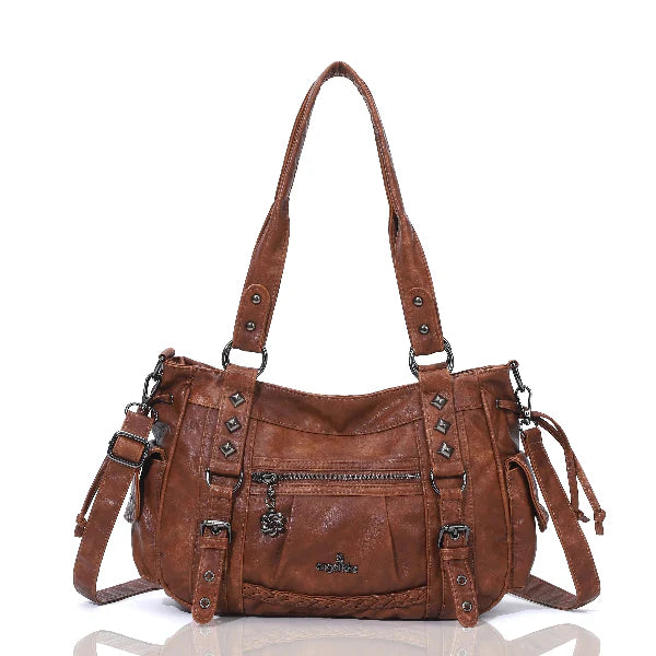 Vintage Distressed Vegan PU Studded Multi-Pocket Shoulder Tote Bag