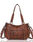 Vintage Distressed Vegan PU Studded Multi-Pocket Shoulder Tote Bag