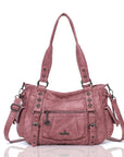 Vintage Distressed Vegan PU Studded Multi-Pocket Shoulder Tote Bag