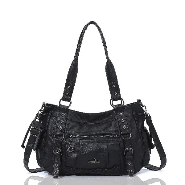 Vintage Distressed Vegan PU Studded Multi-Pocket Shoulder Tote Bag