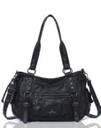 Vintage Distressed Vegan PU Studded Multi-Pocket Shoulder Tote Bag