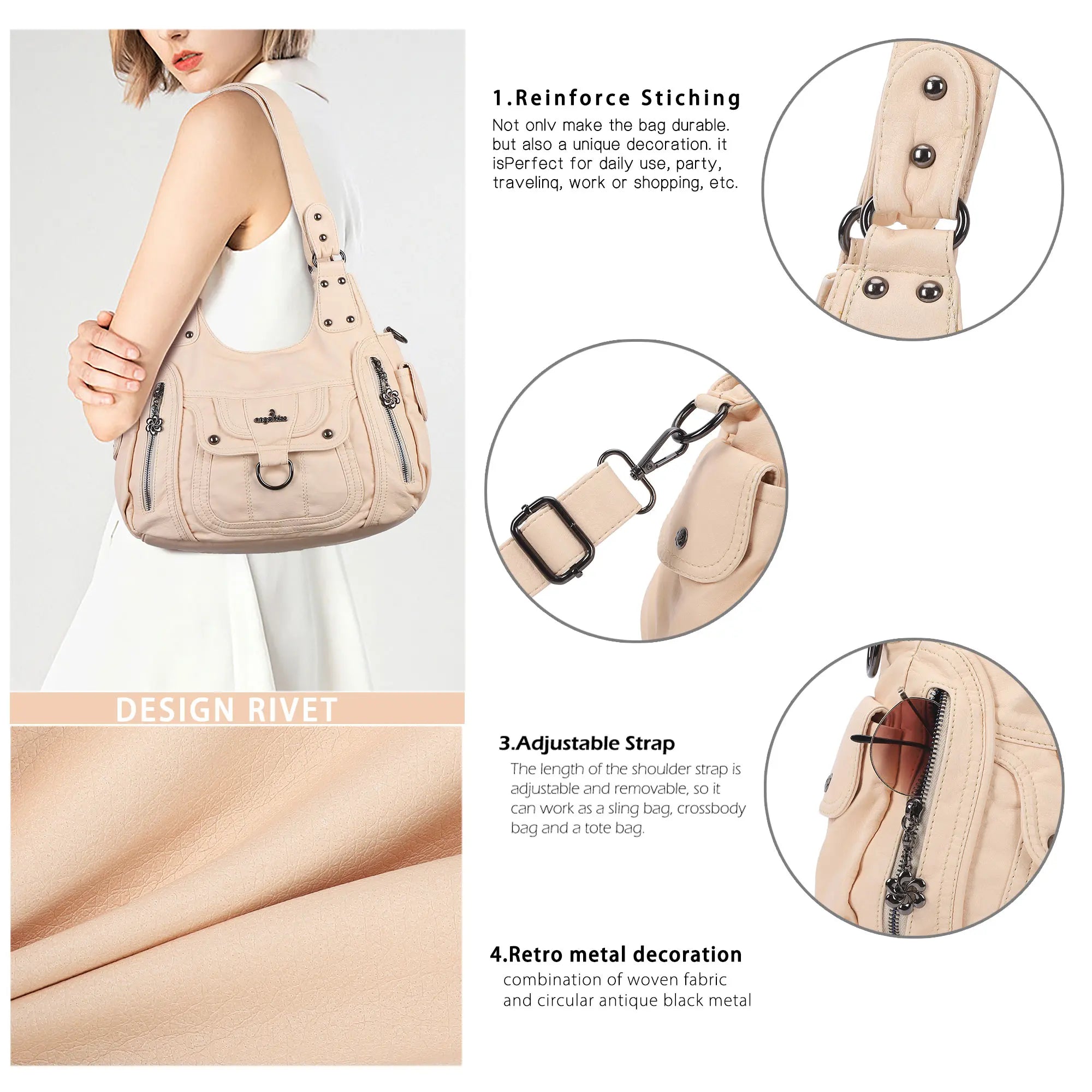 Large Multi Pocket Hobo Purse for Women with Adjustable Strap