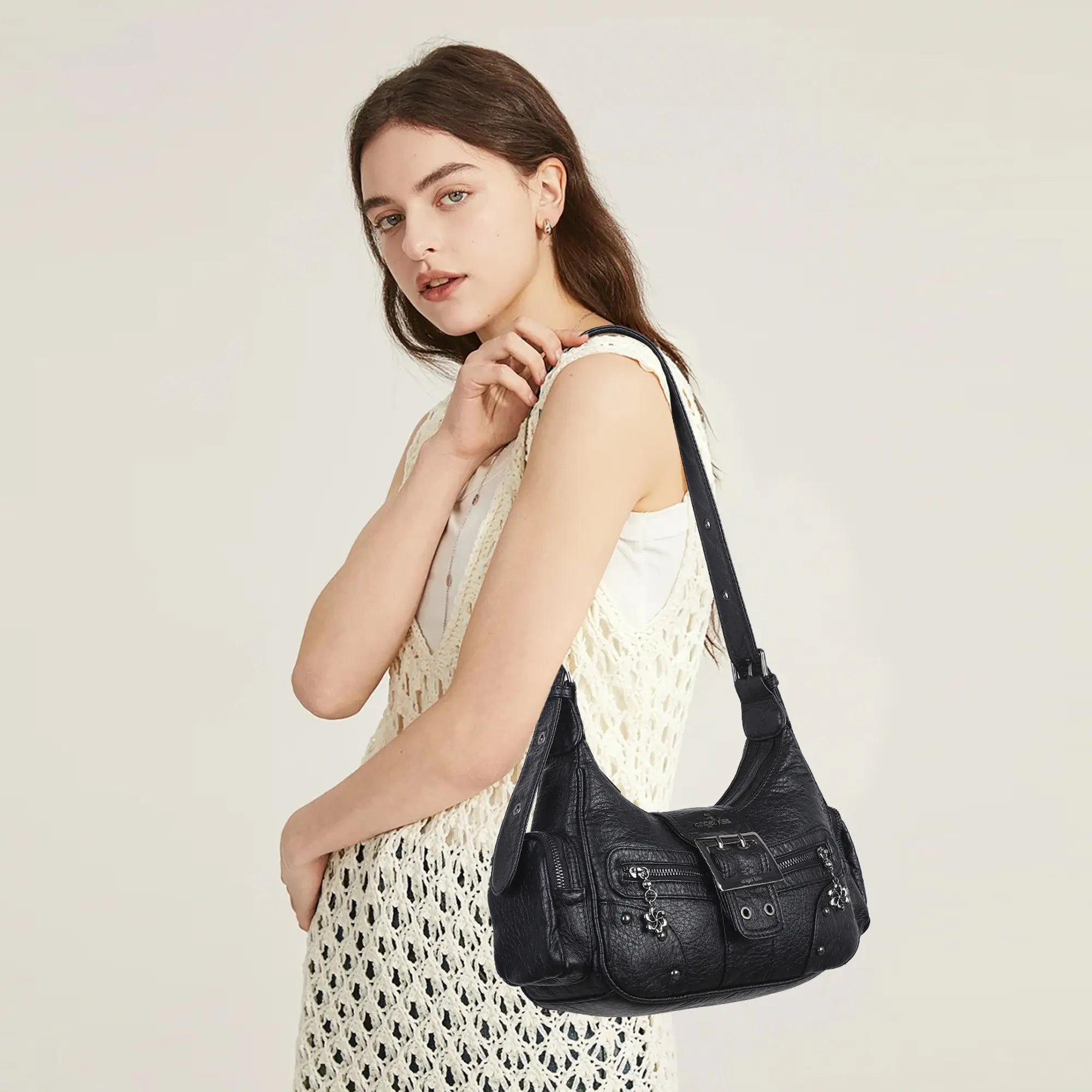 Vintage Washed Crescent Shoulder Bag - Y2K Multi-Pocket Underarm Crossbody Purse
