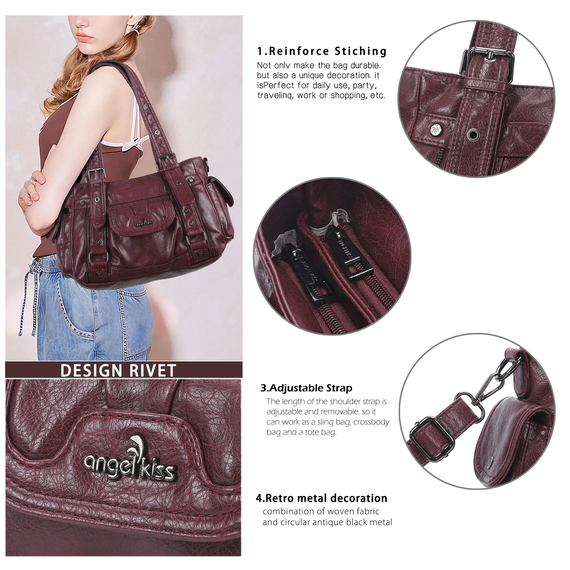 Vintage Washed Slouchy Hobo - Studded Multi-Pocket Crossbody