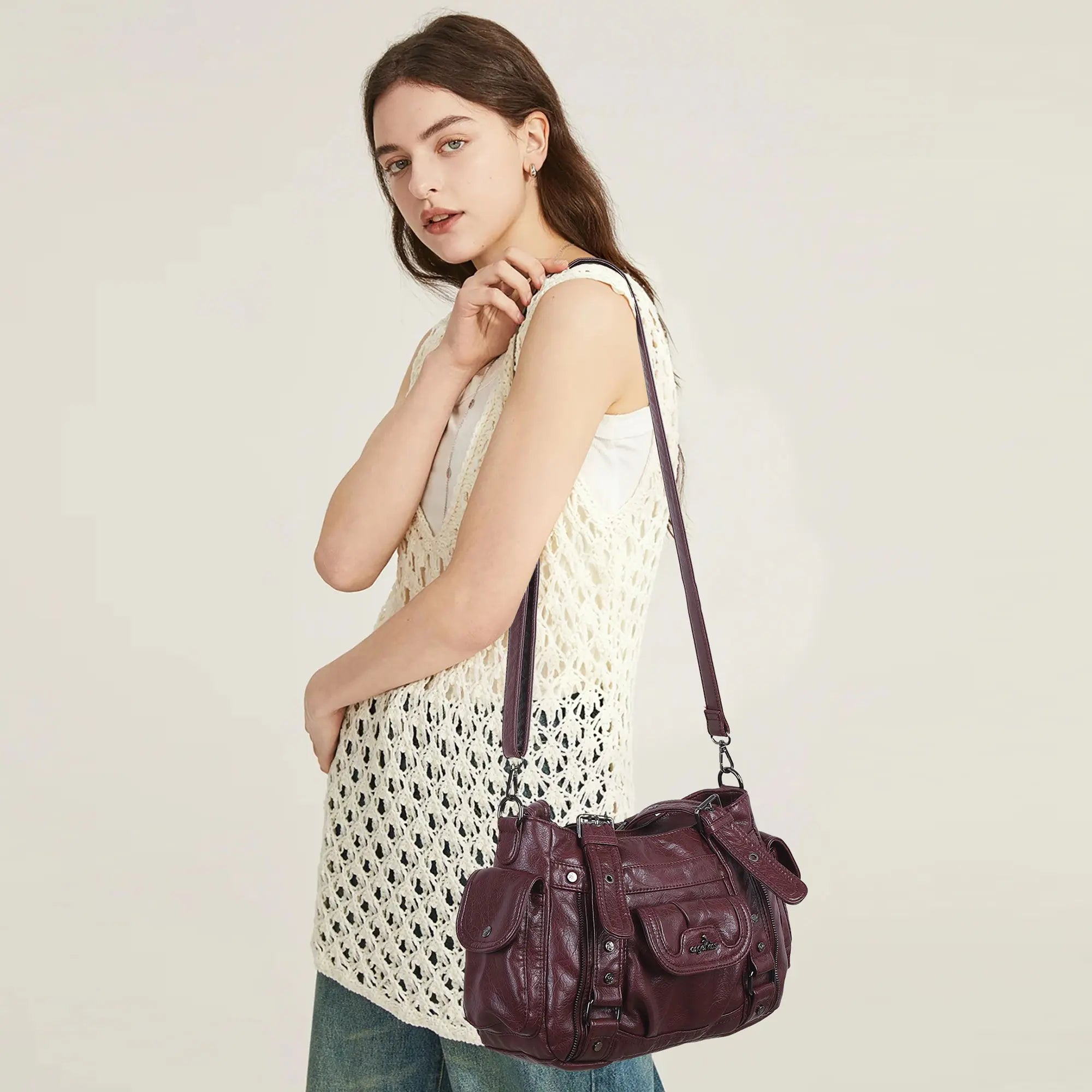 Vintage Washed Slouchy Hobo - Studded Multi-Pocket Crossbody