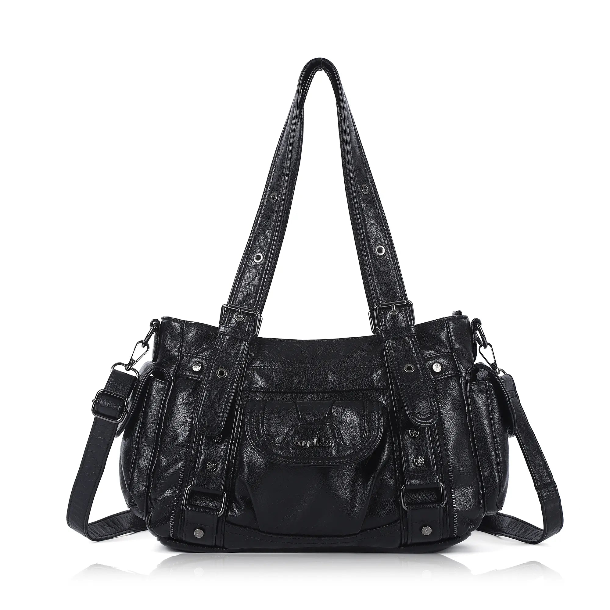 Vintage Washed Slouchy Hobo - Studded Multi-Pocket Crossbody