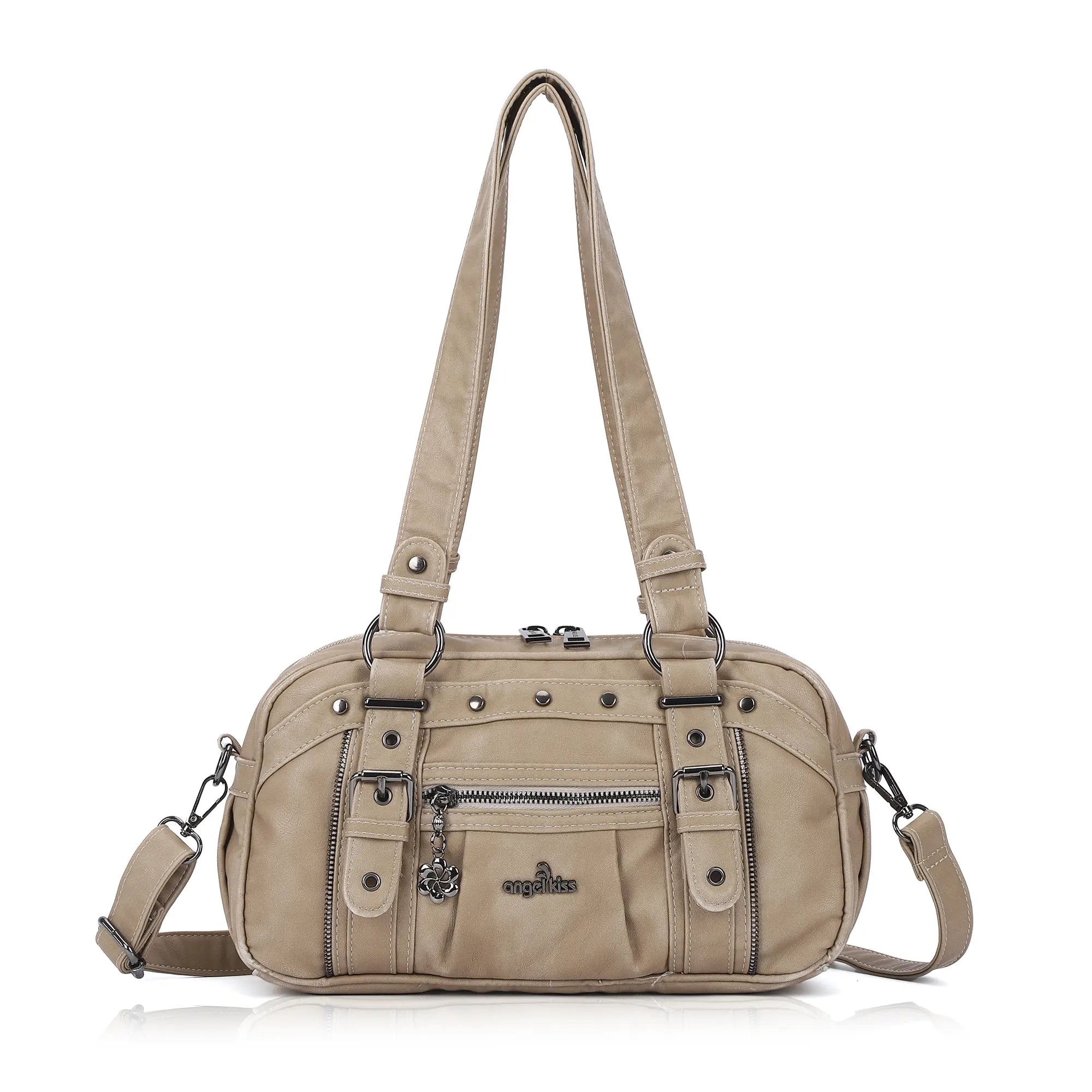 Vintage Soft Leather Boston Bag - Studded Barrel Shoulder Handbag