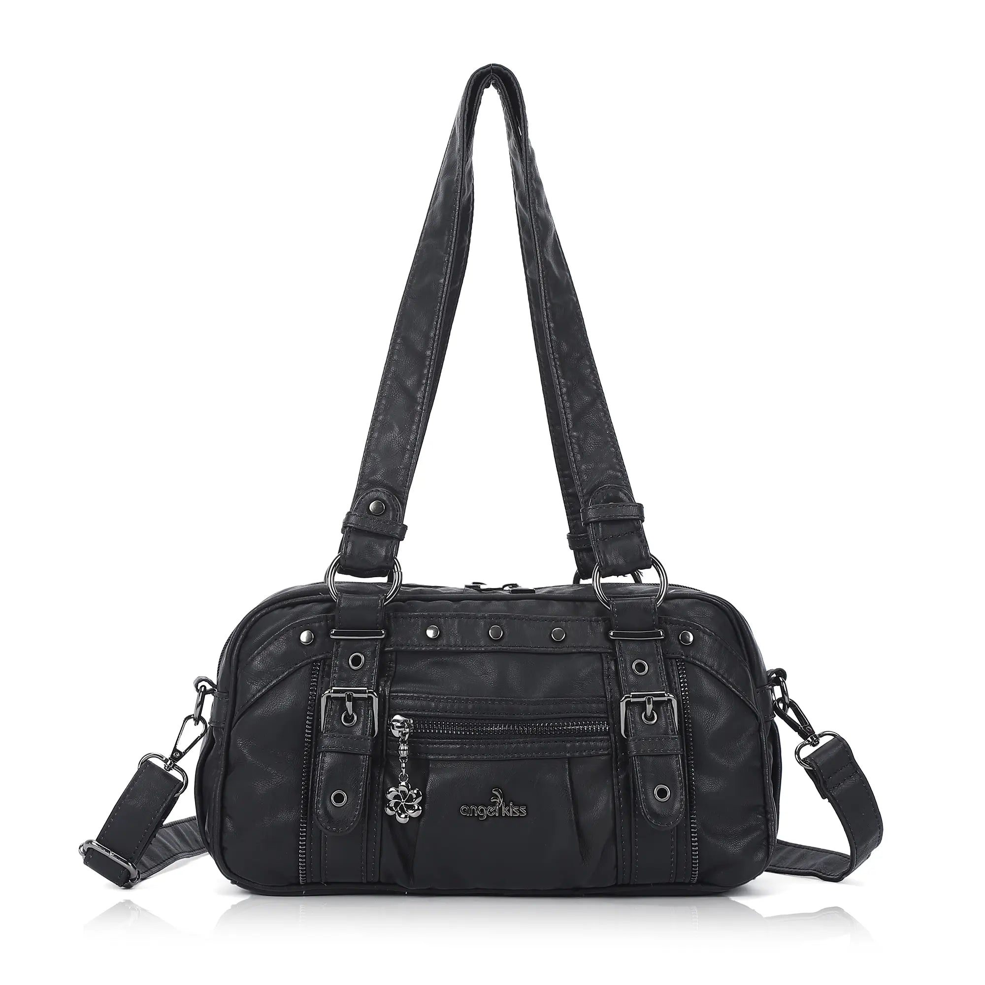 Vintage Soft Leather Boston Bag - Studded Barrel Shoulder Handbag