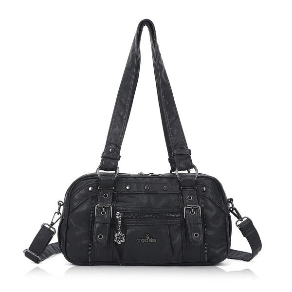 Vintage Soft Leather Boston Bag - Studded Barrel Shoulder Handbag